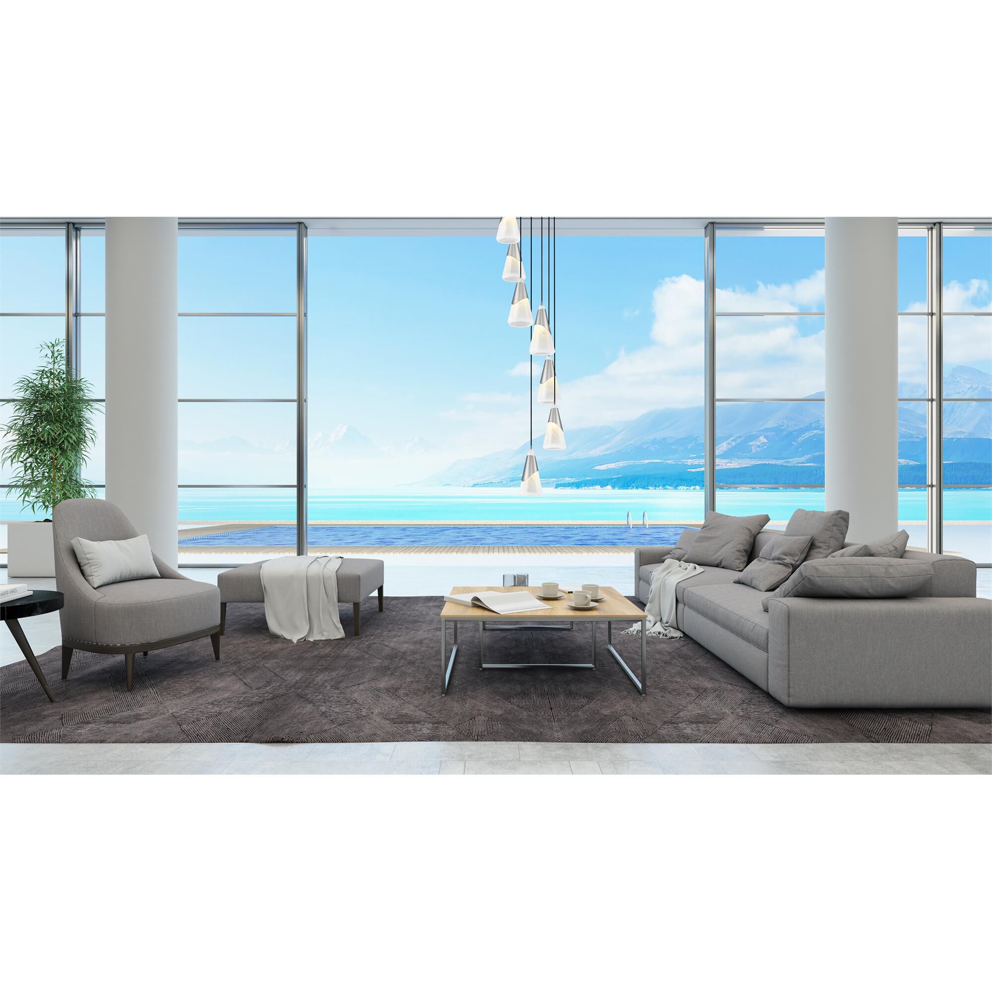 Shown in Brushed Nickel finish and White Swirl glass and White Swirl shade