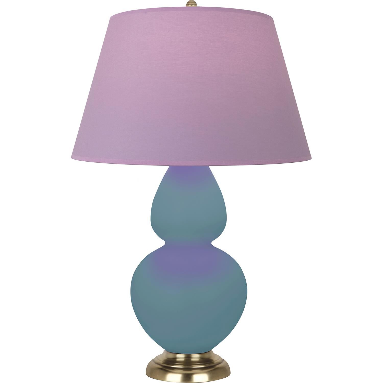 Shown in Matte Steel Blue finish and Lavender and Plum shade and Antique Brass accent