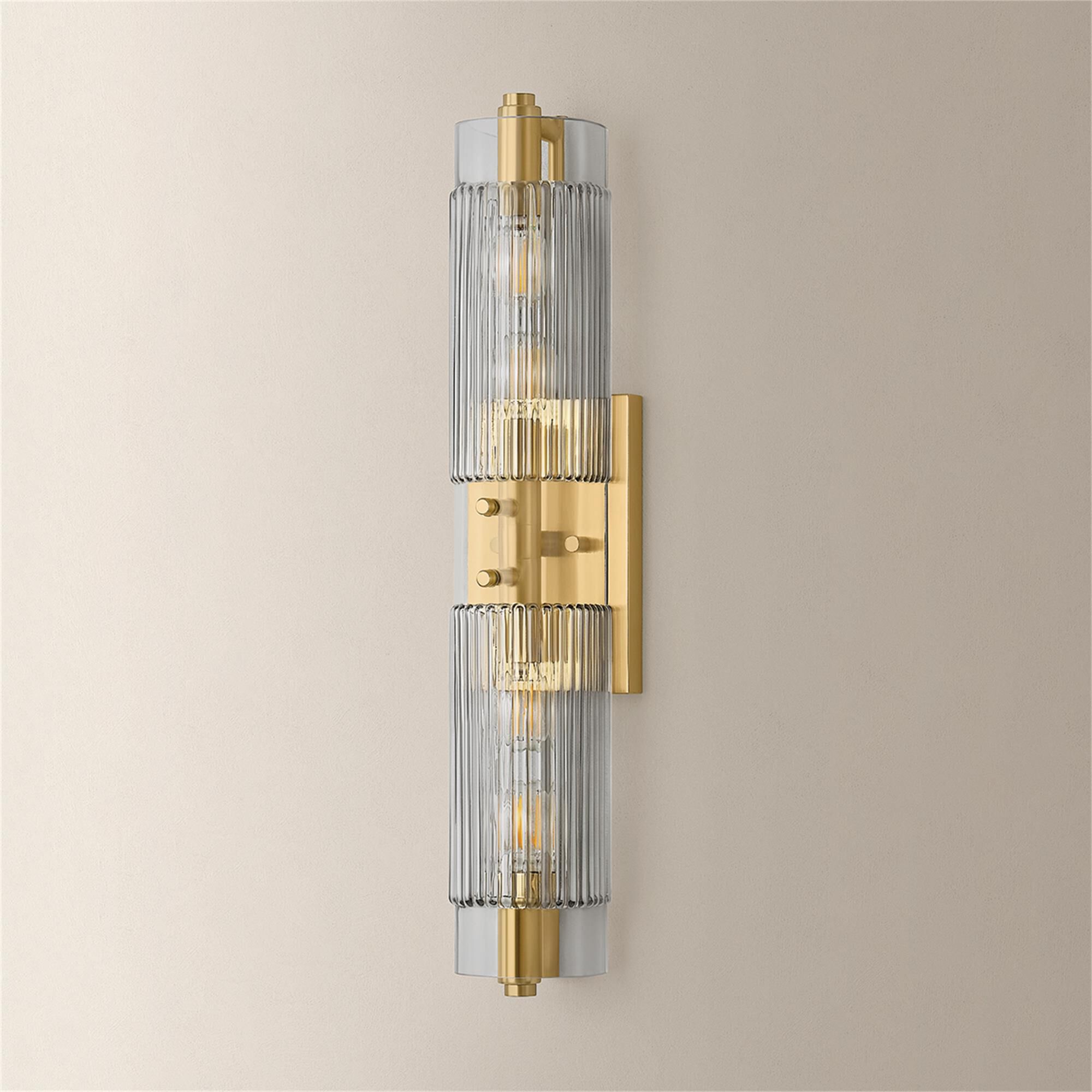 Shown in Vintage Brass finish and Clear Smoke glass