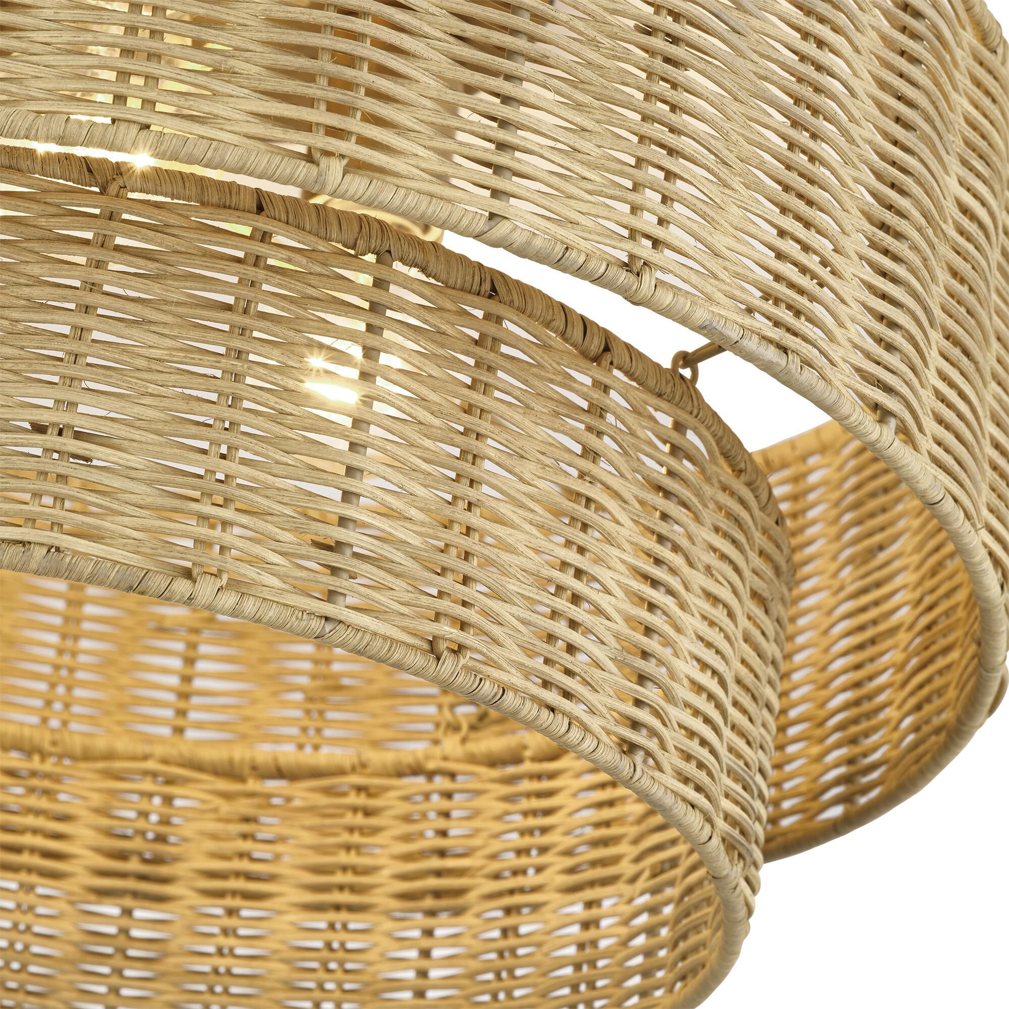 Shown in Antique Gold Leaf finish and Hand-Woven Rustic Walnut Color Rattan shade