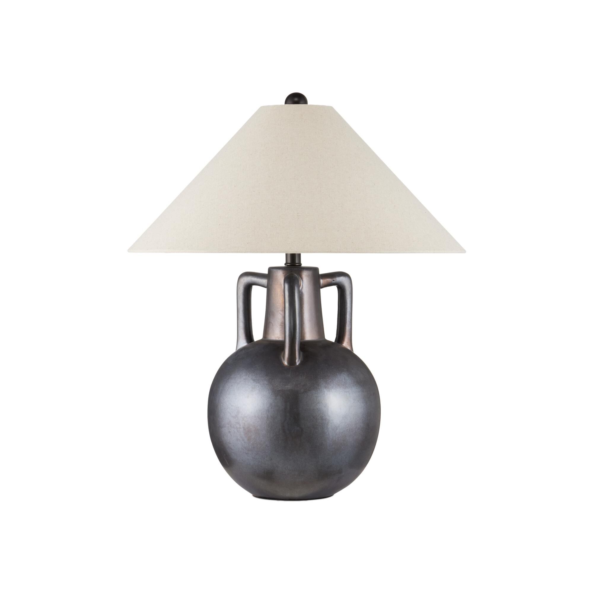 Shown in Iridescent Gray finish and Natural Linen shade