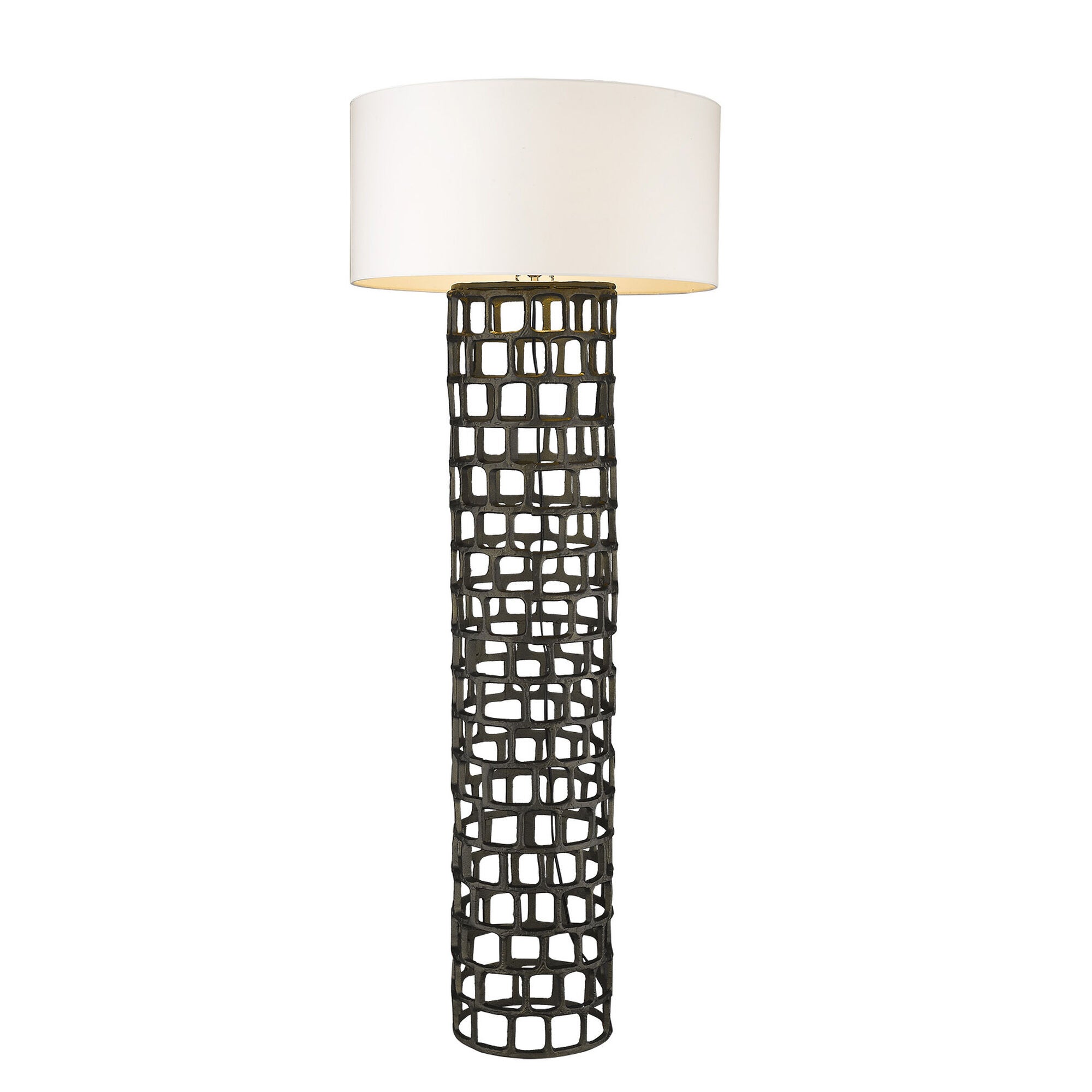 Shown in Black Gold finish and White glass and White Fabric Drum shade