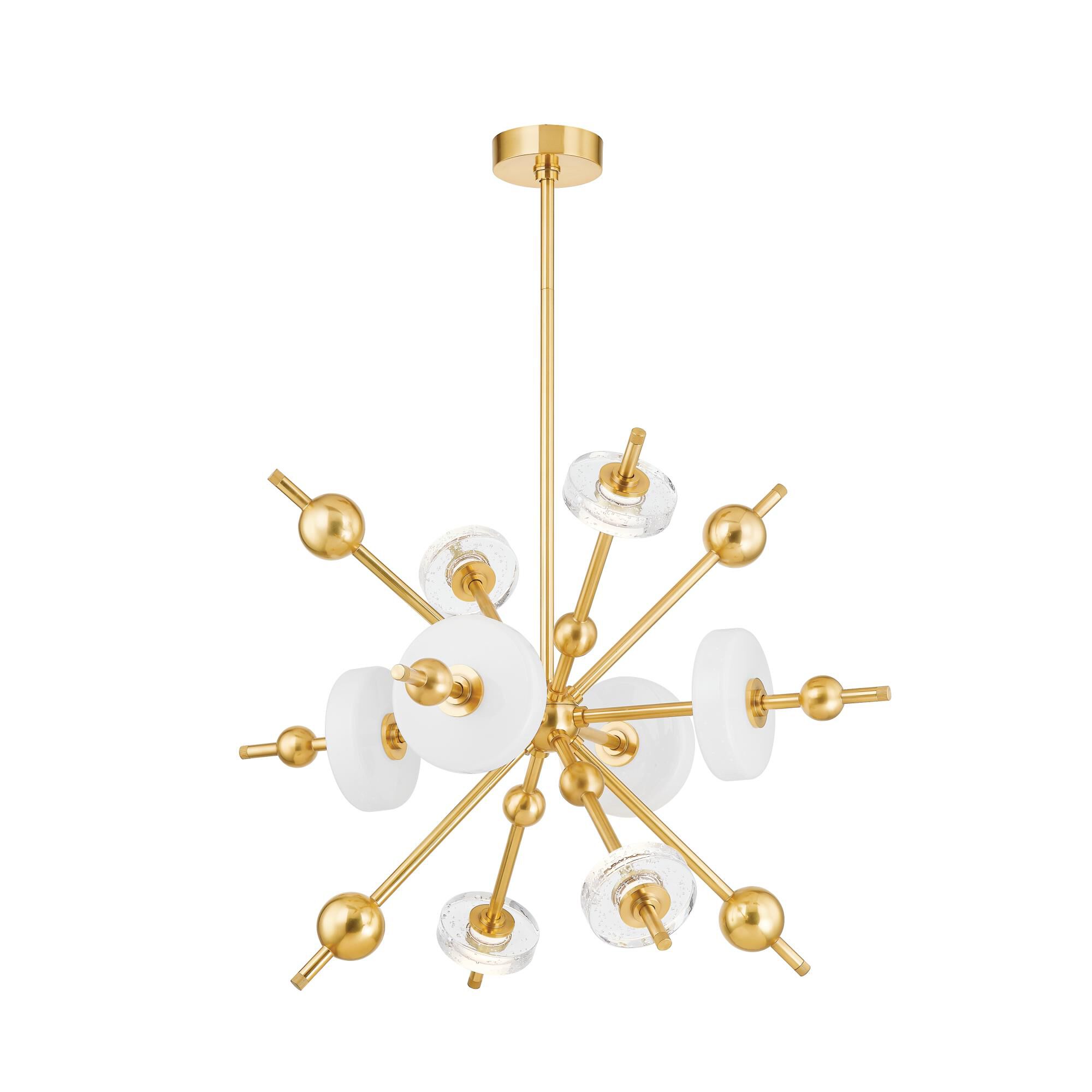 Shown in Aged Brass finish and Opal Seedy glass