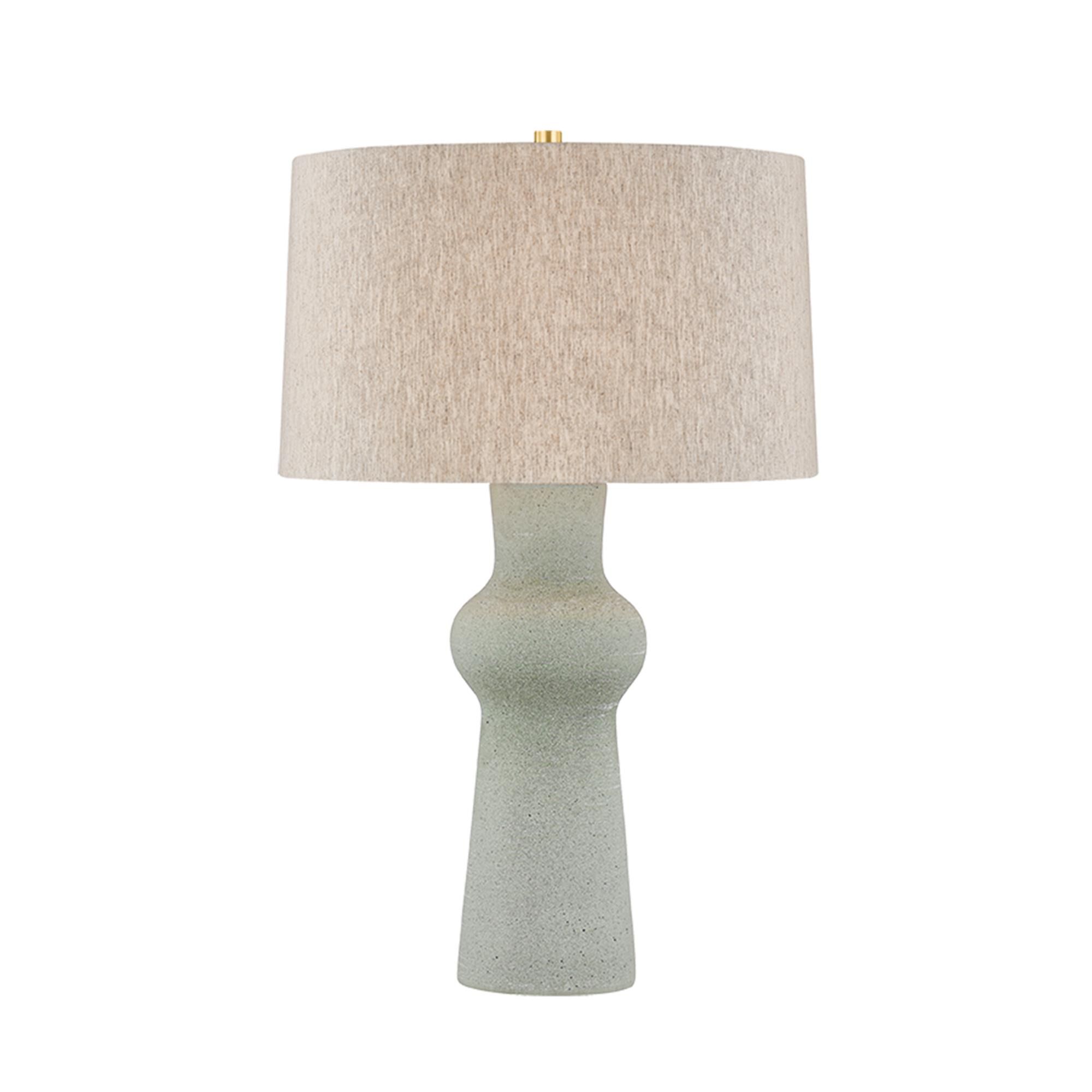Shown in Aged Brass and Ceramic Hazy Jade finish and Natural Linen shade