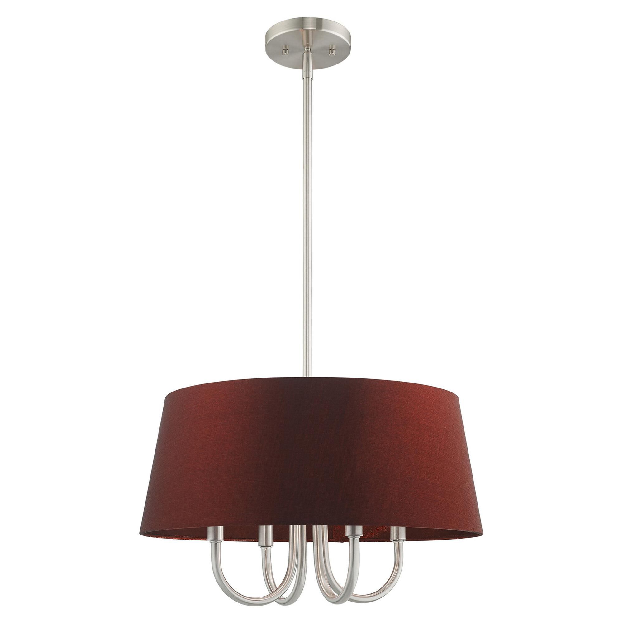 Shown in Brushed Nickel finish and Hand Crafted Red Wine Fabric Hardback shade