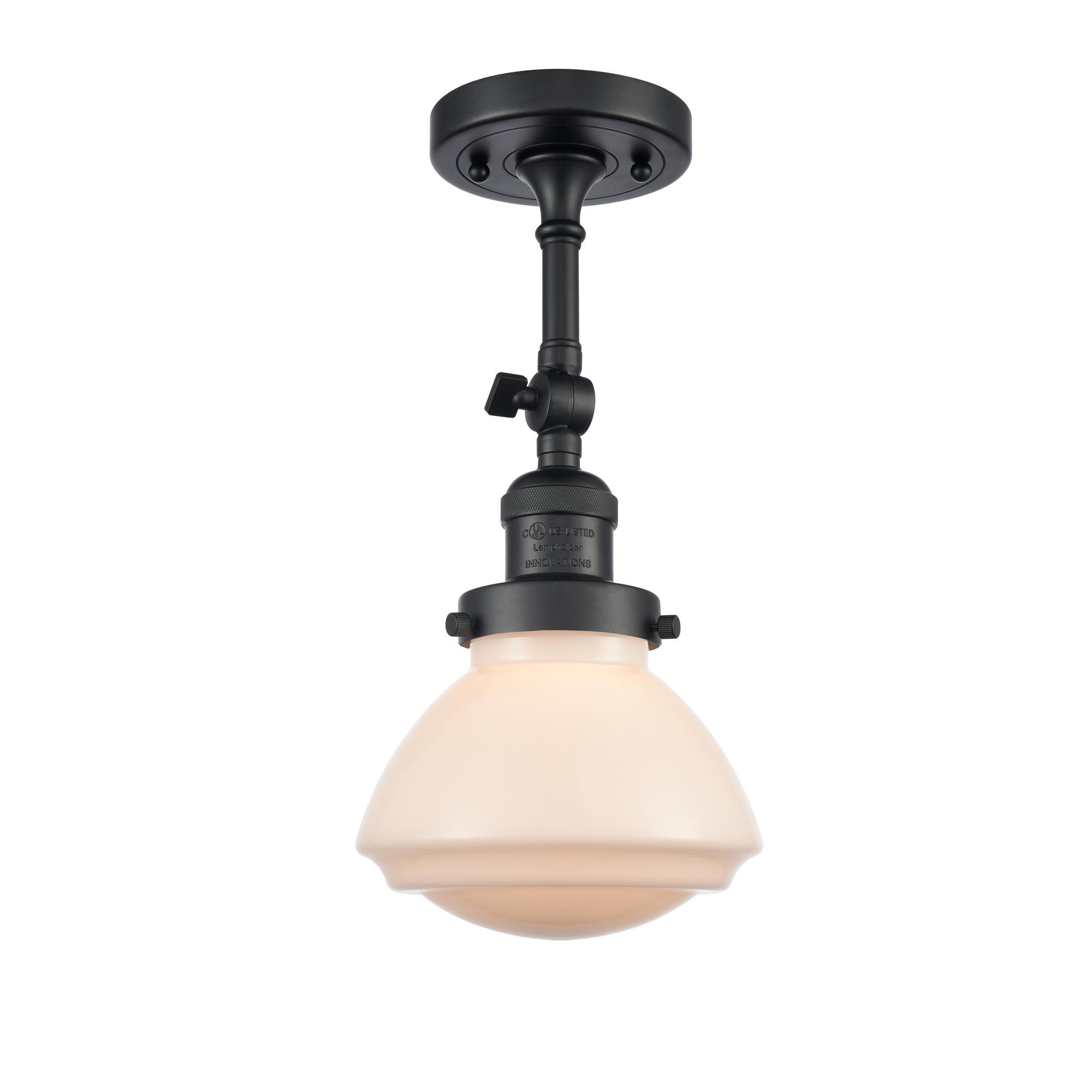 Shown in Matte Black finish and Frosted Matte White Olean glass and Glass shade and Bulb Tint - Amber accent