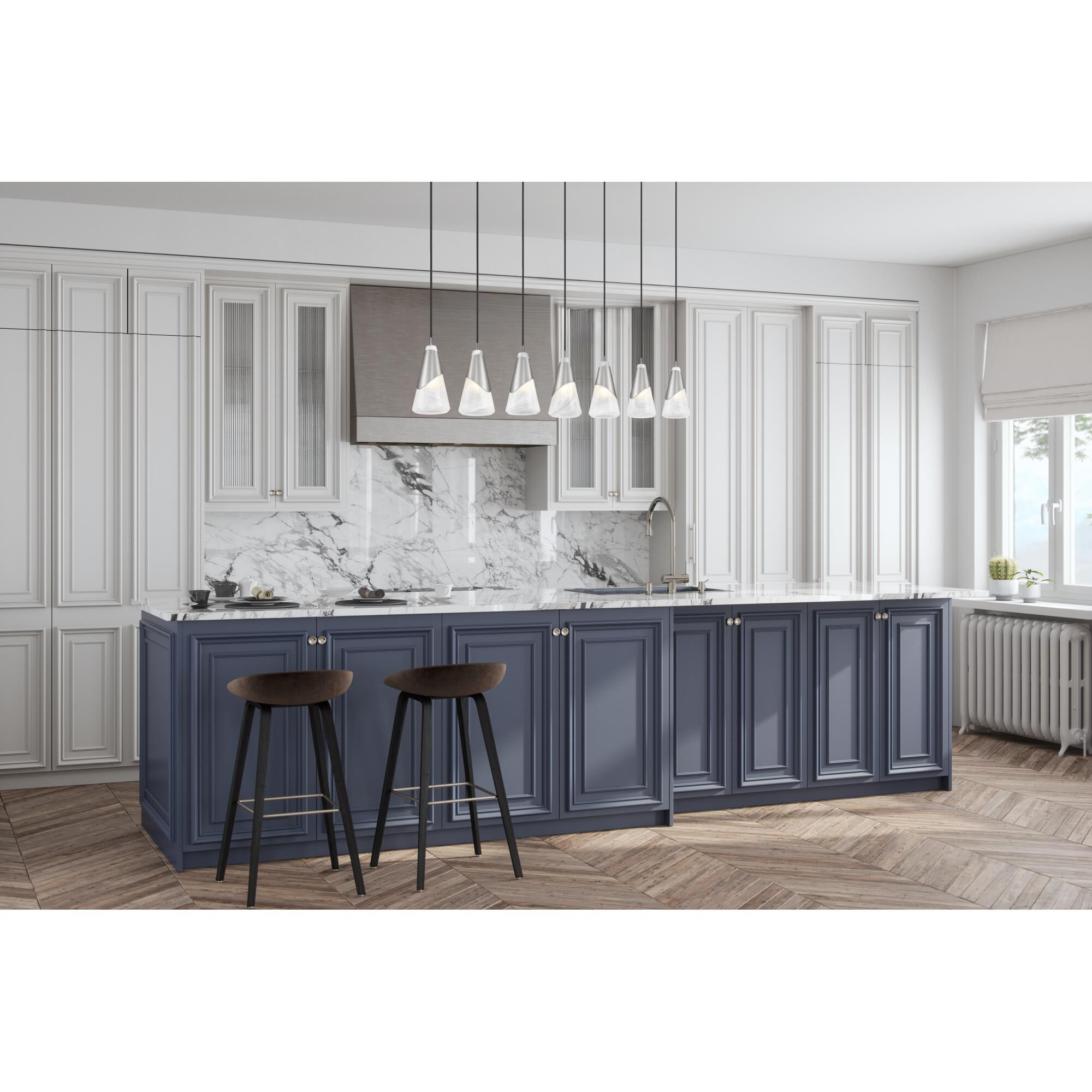 Shown in Brushed Nickel finish and White Swirl glass and White Swirl shade