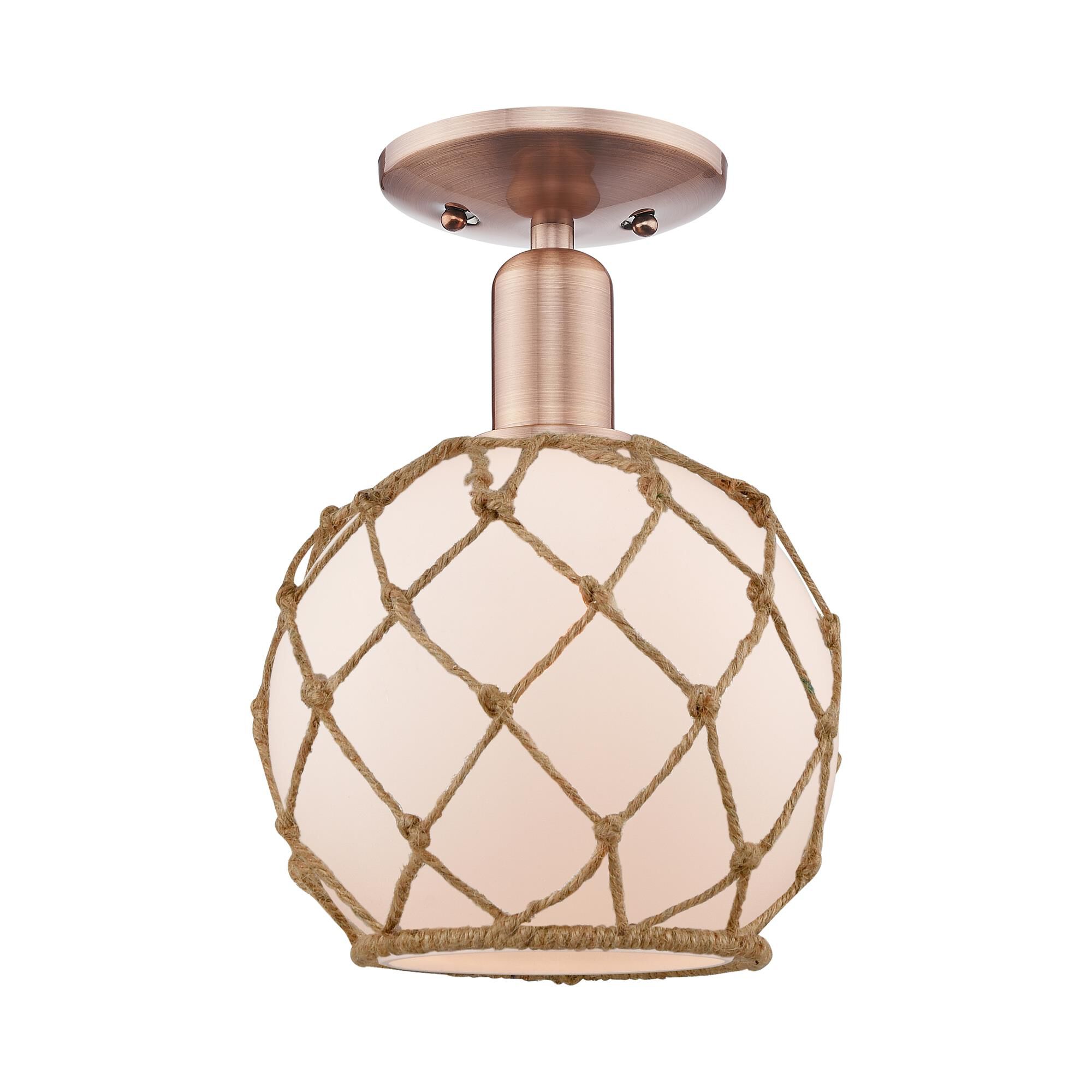 Shown in Antique Copper finish and White with Brown Rope glass
