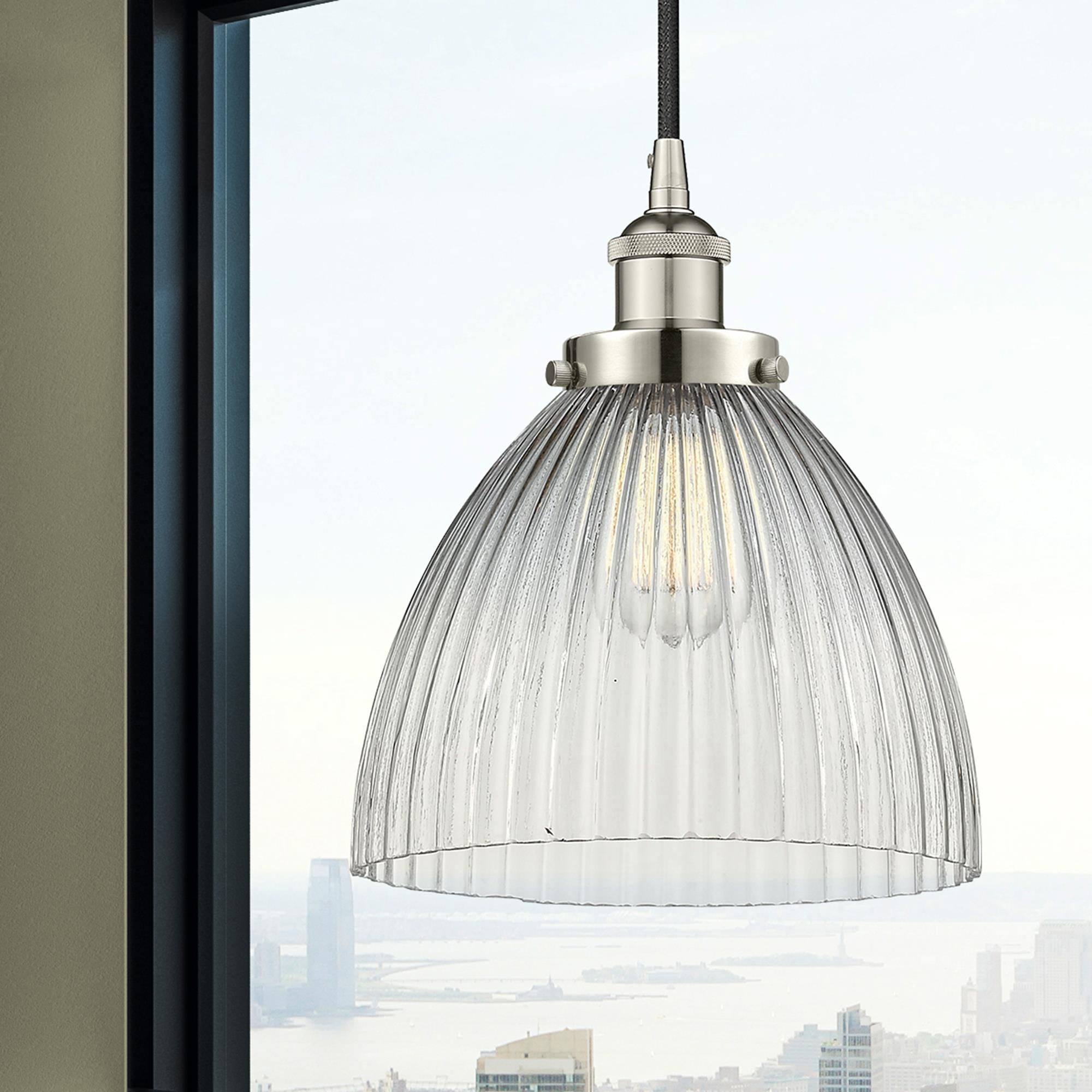 Shown in Polished Nickel finish and Clear Halophane Seneca Falls glass
