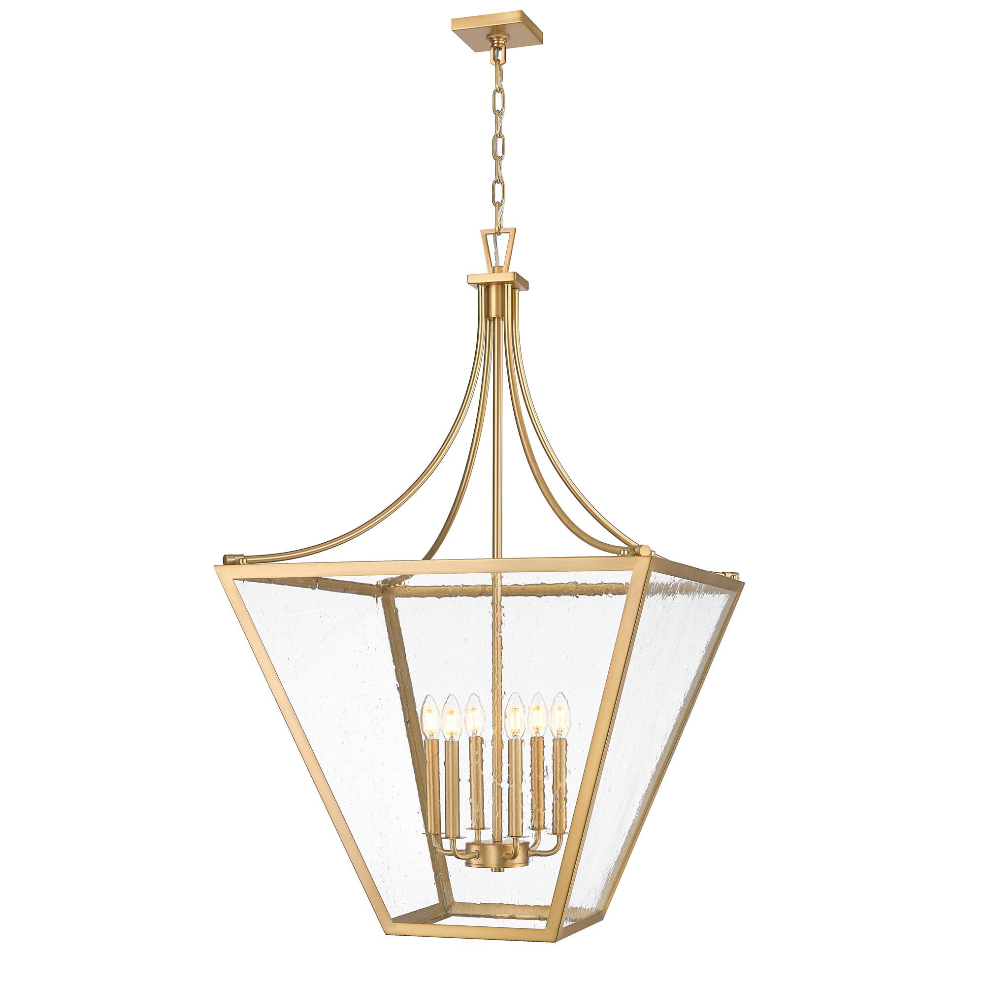 Shown in Rubbed Brass finish and Clear Seedy glass