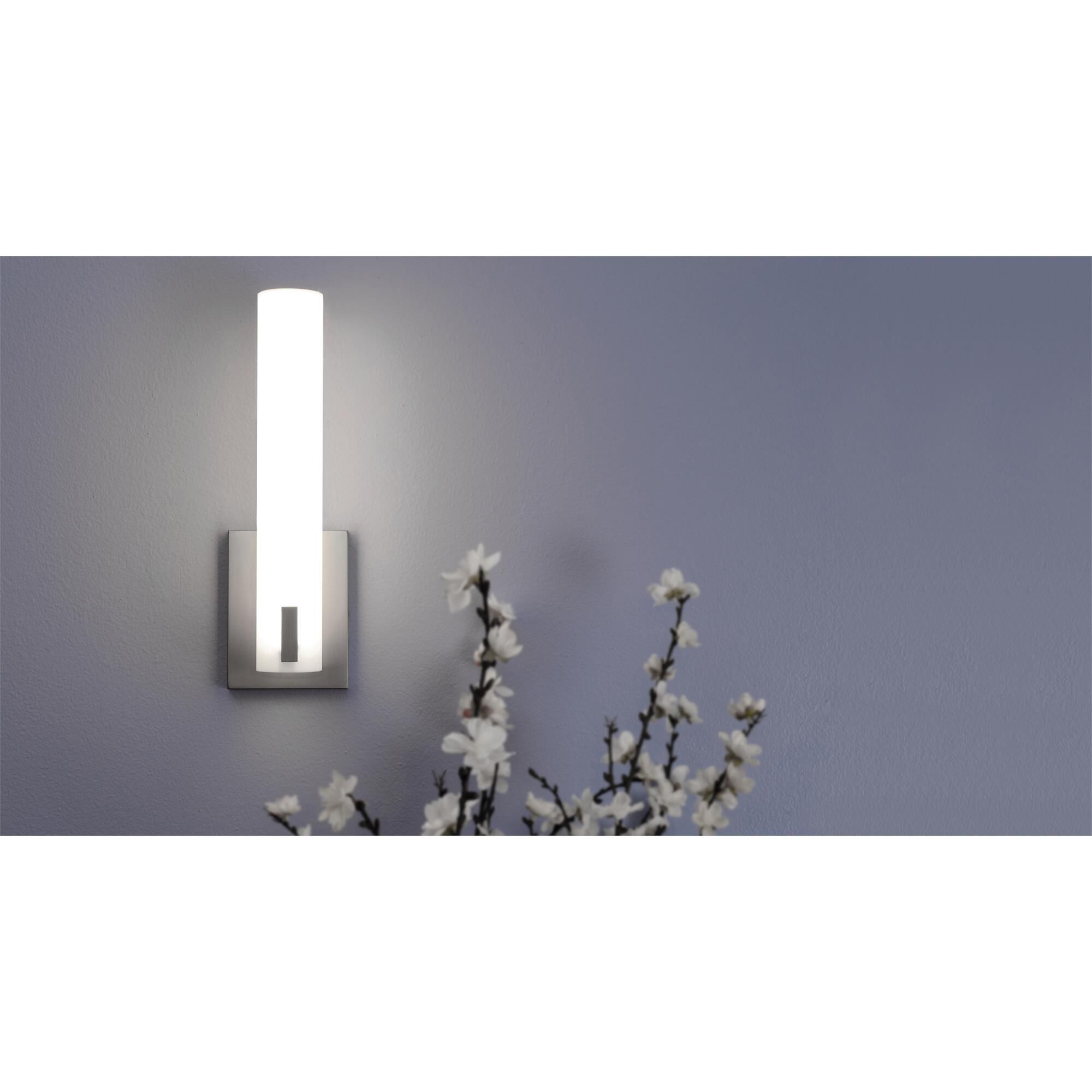 Shown in Satin Nickel finish and White Acrylic glass and 120 Volt Dimmer accent