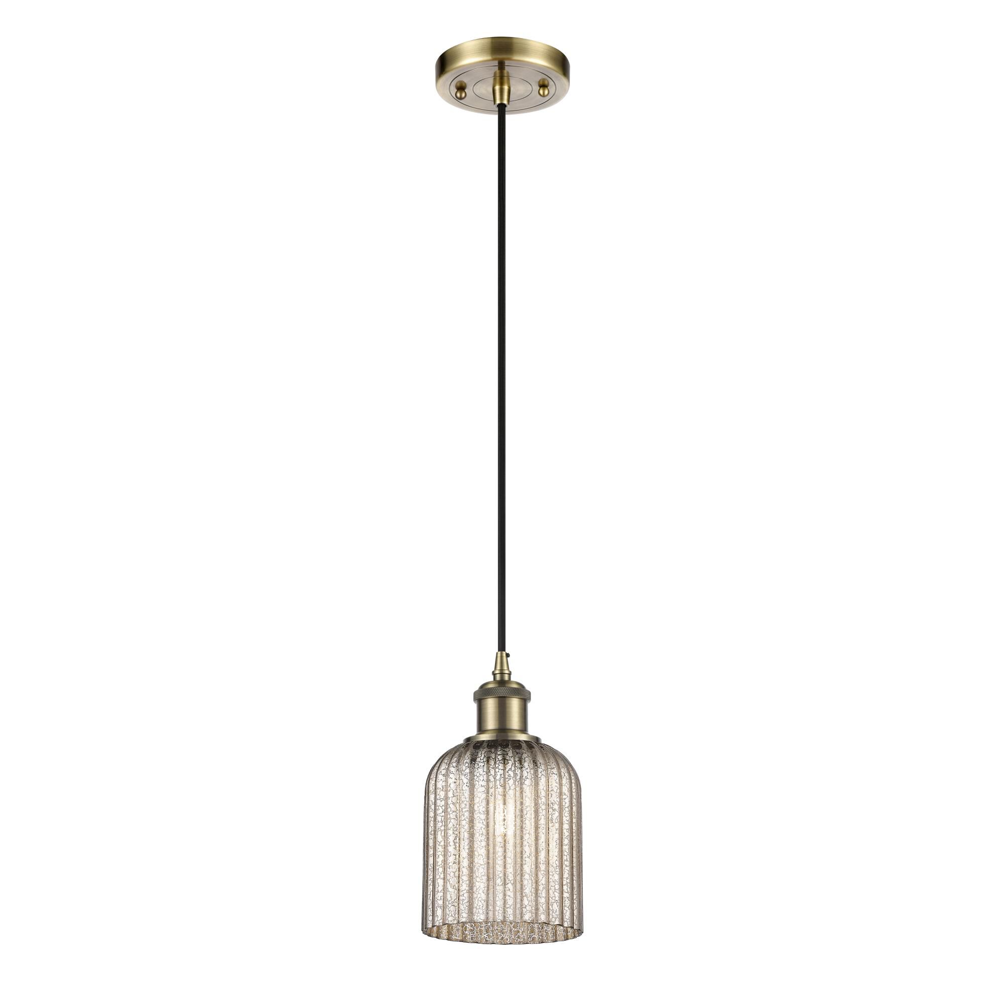 Shown in Antique Brass finish and Mercury shade