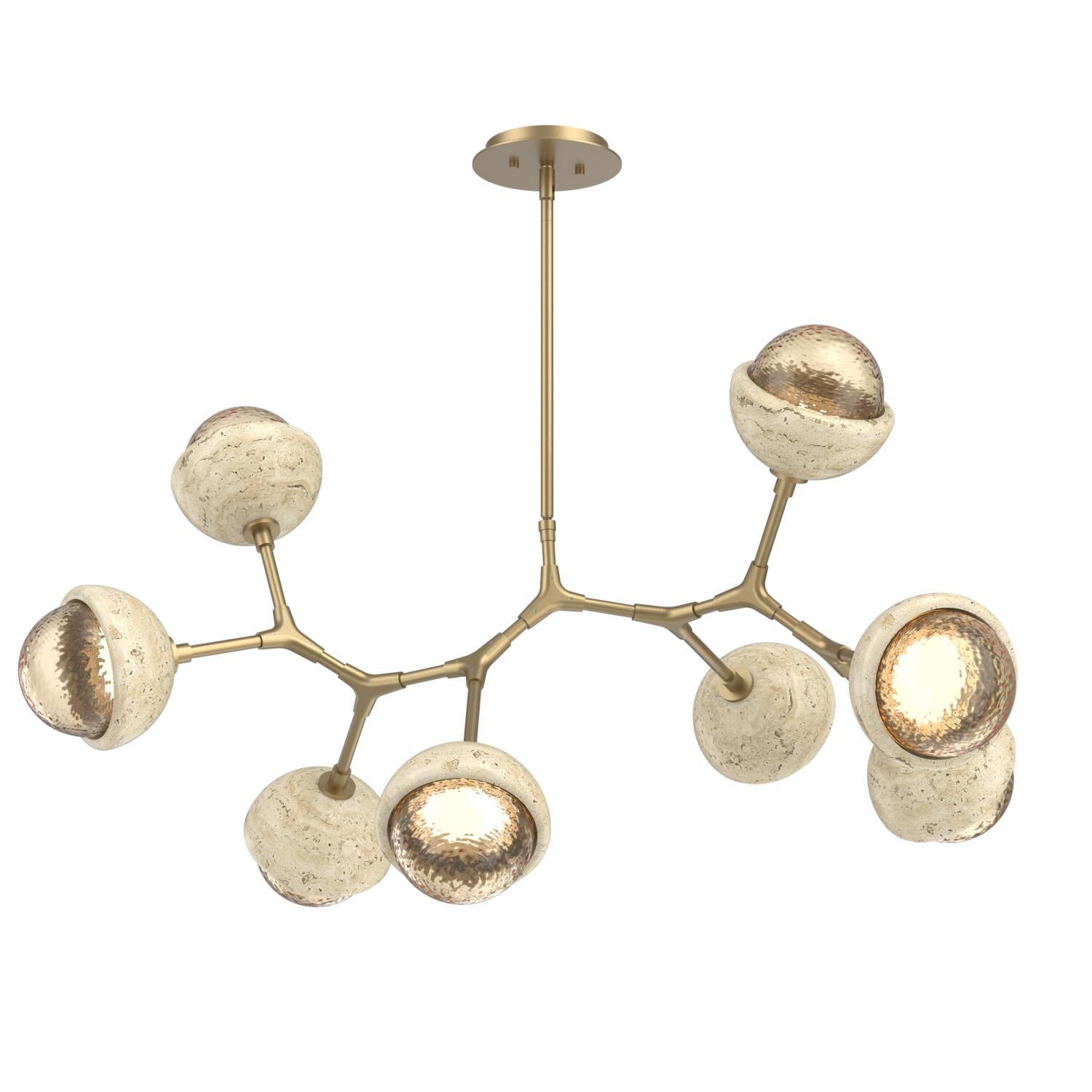 Shown in Novel Brass finish and Amber glass and Travertine Stone accent
