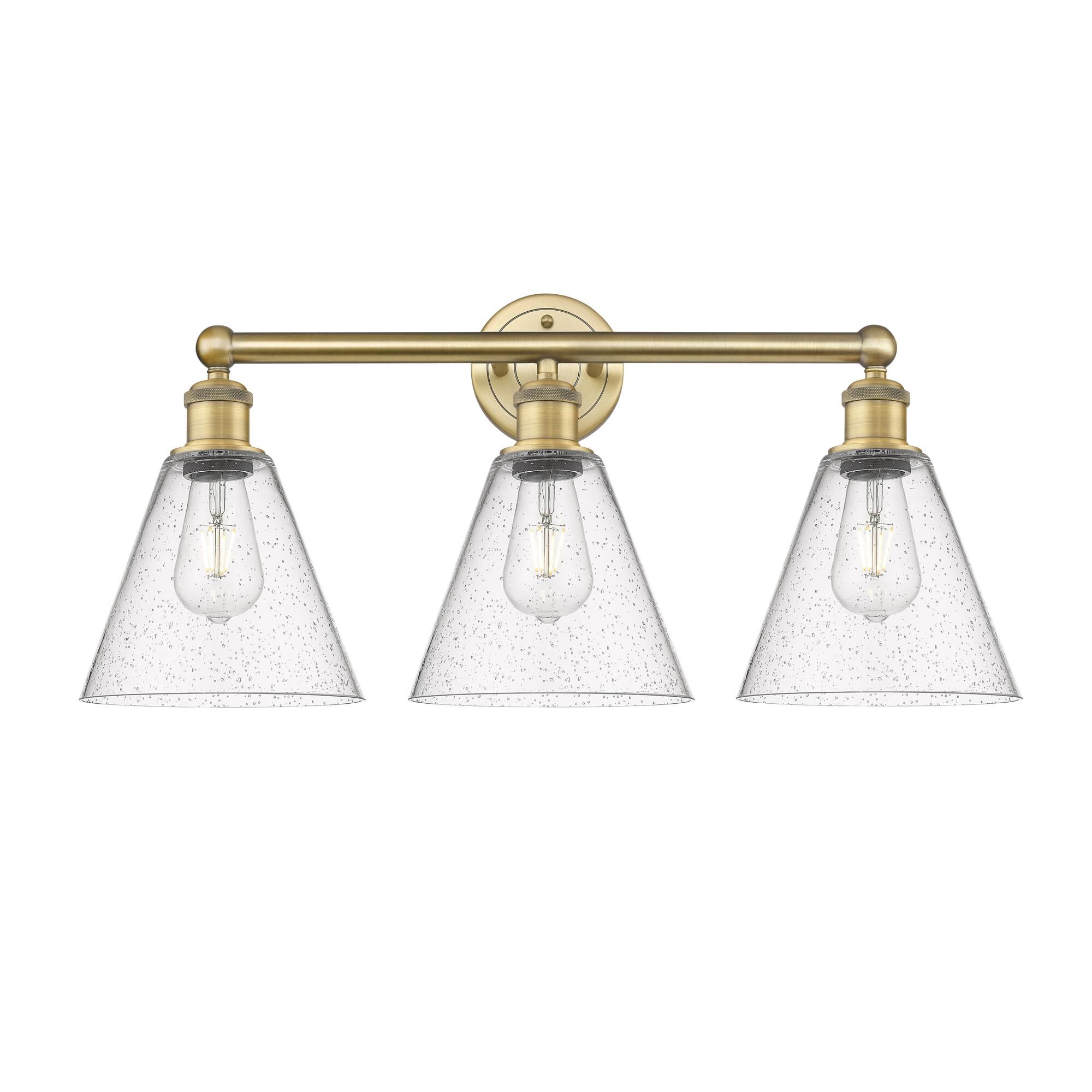 Shown in Brushed Brass finish and Seedy glass