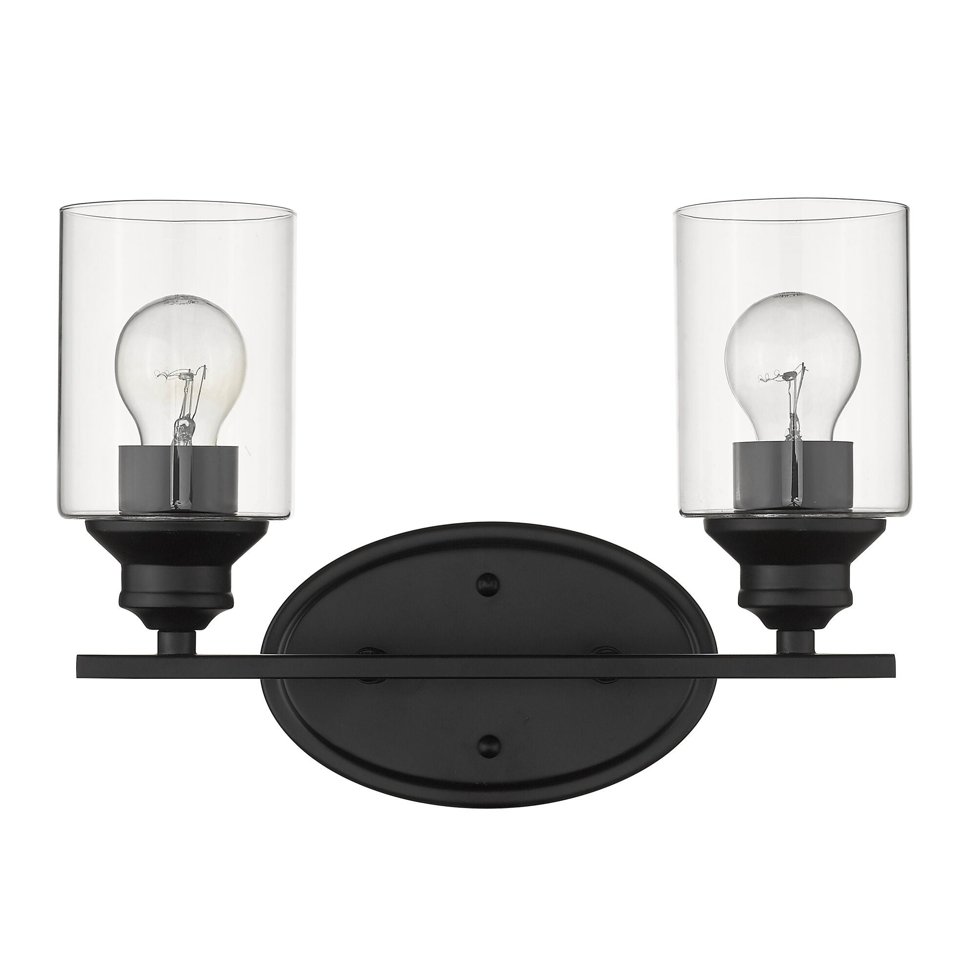 Shown in Matte Black finish and Clear glass and Clear, Cylindrical Glass s shade