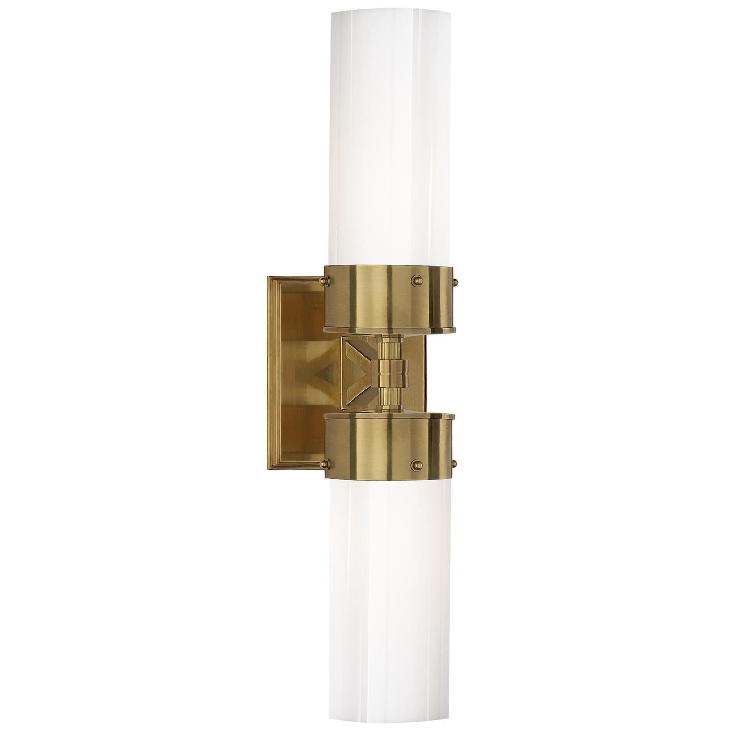 Shown in Hand-Rubbed Antique Brass finish and White glass