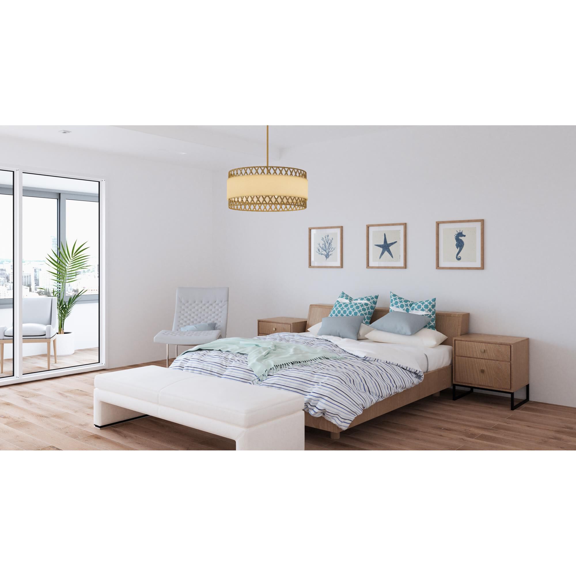 Shown in Brushed Gold finish and White Linen and Rattan shade