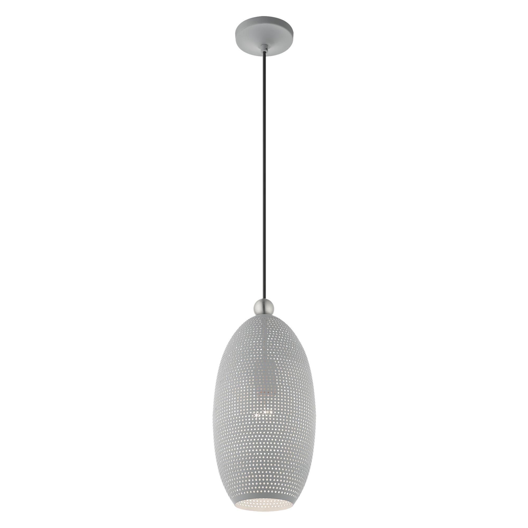Shown in Nordic Gray With Brushed Nickel Accents finish and Nordic Gray Ornamental Metal Shade With White Finish Inside glass and Nordic Gray Ornamental Metal  With White Finish Inside shade