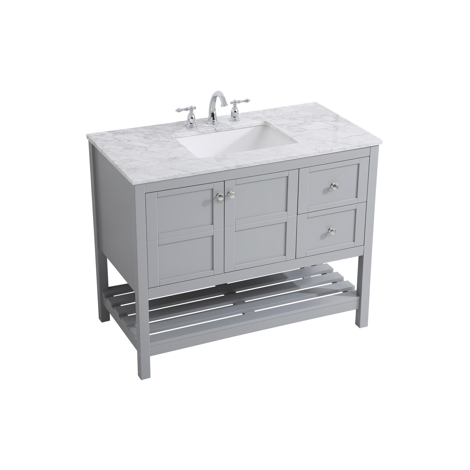 Shown in Gray And Brushed Nickel With Carrara White Marble finish
