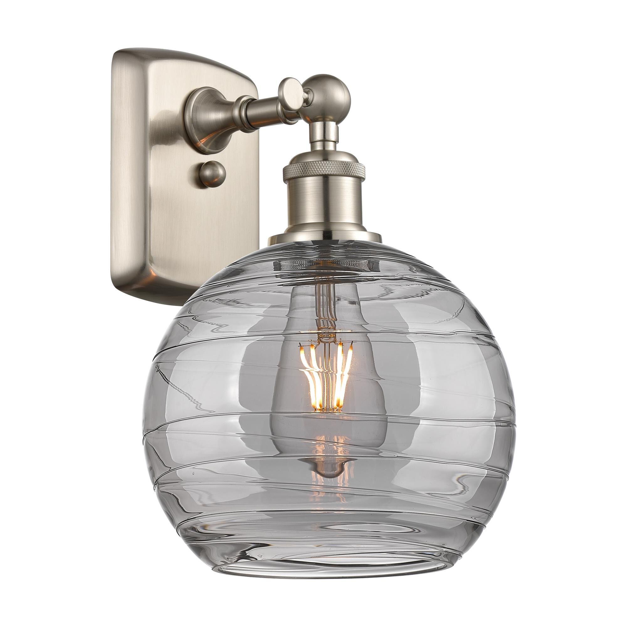 Shown in Brushed Satin Nickel finish and Light Smoke Deco Swirl glass
