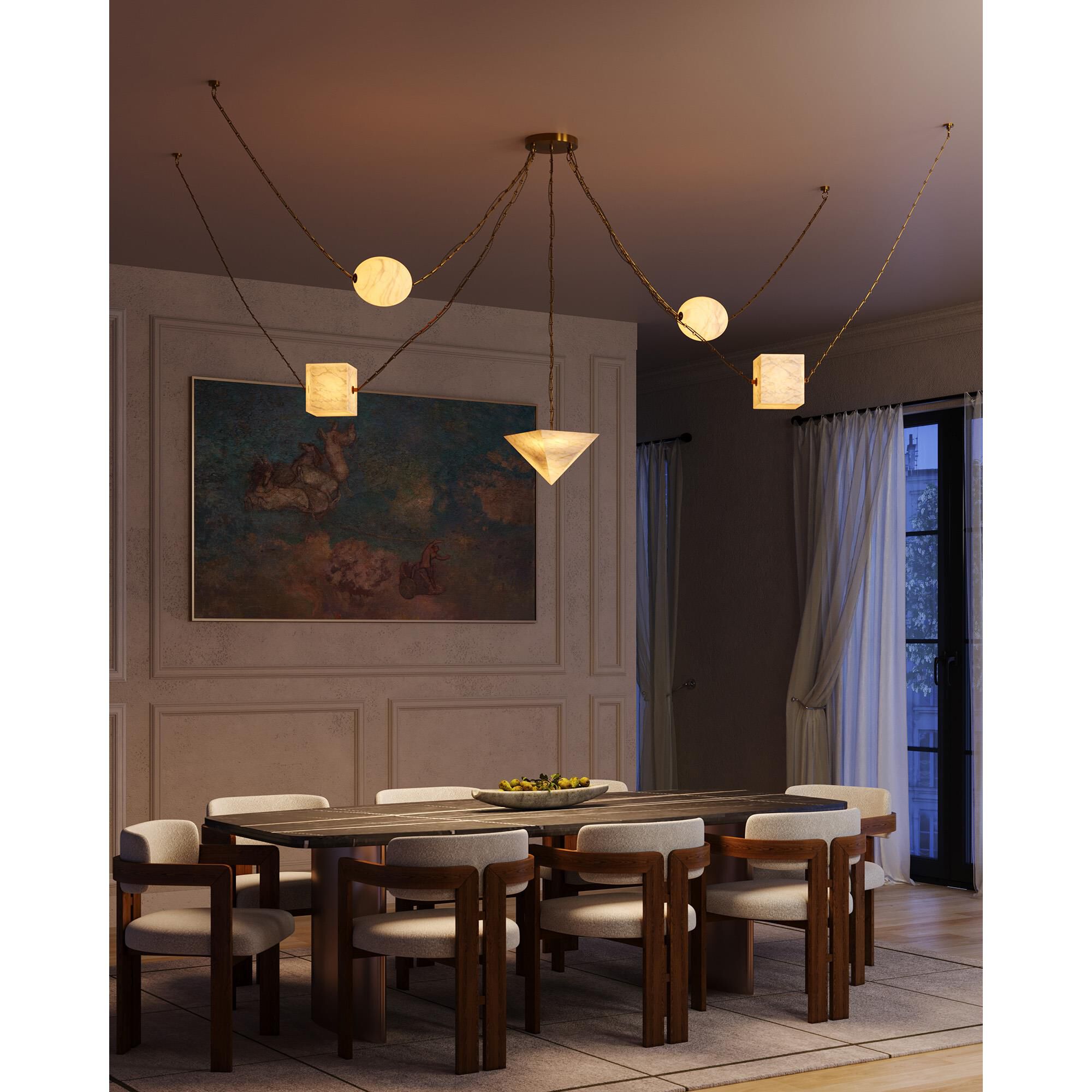 Shown in Patina Brass finish and Alabaster glass