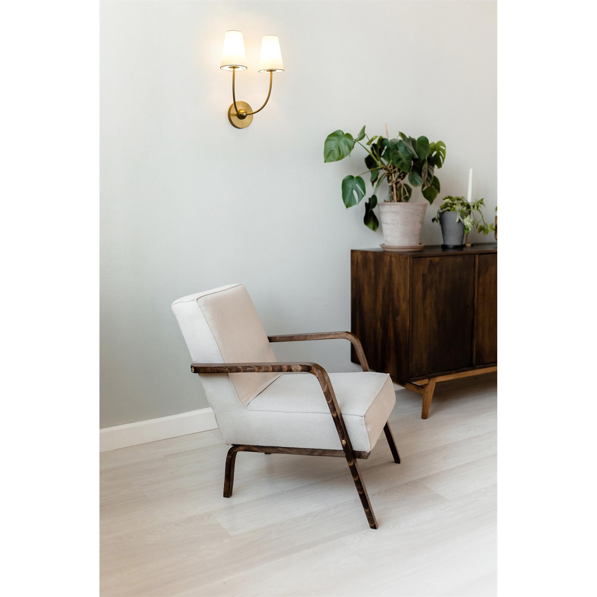 Shown in Rubbed Brass finish and White glass