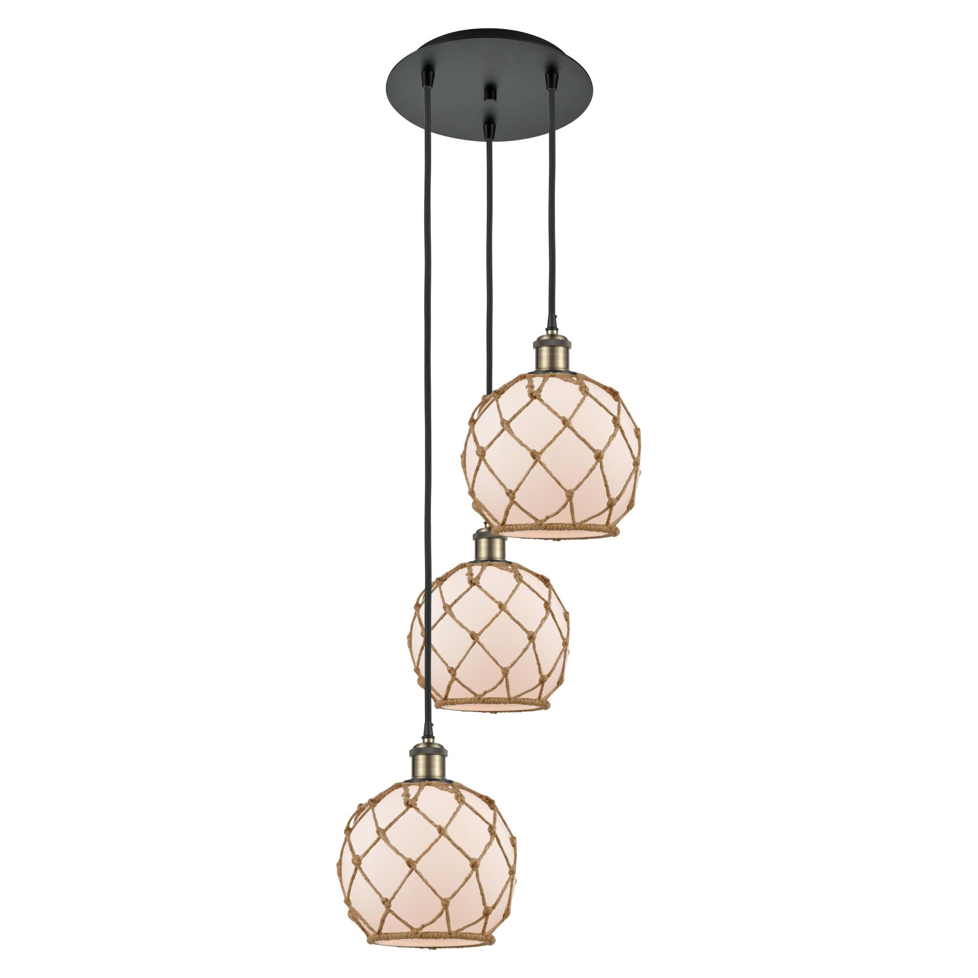 Shown in Black Antique Brass finish and White with Brown Rope glass