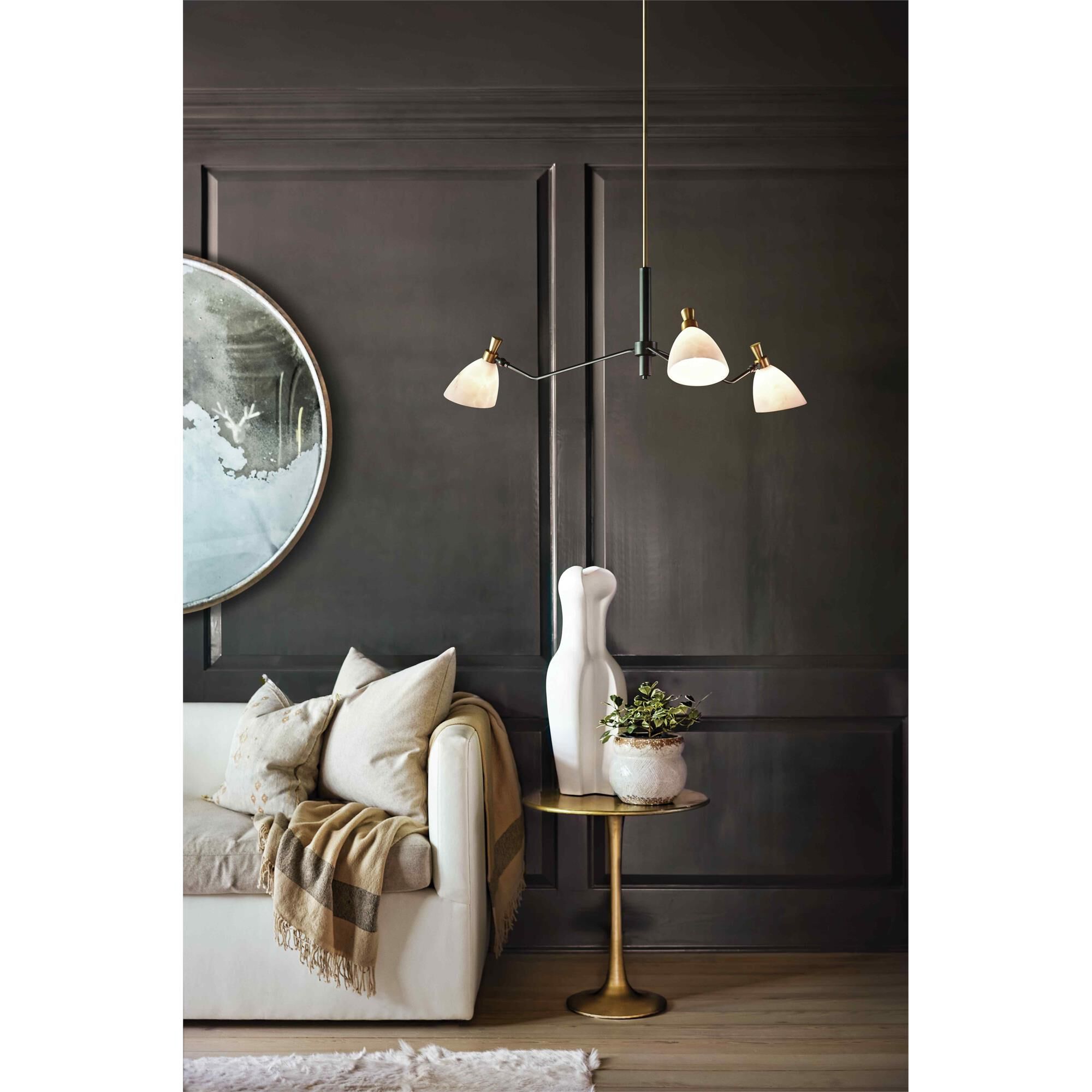 Shown in Heritage Brass finish and Faux Alabaster glass and Black accent