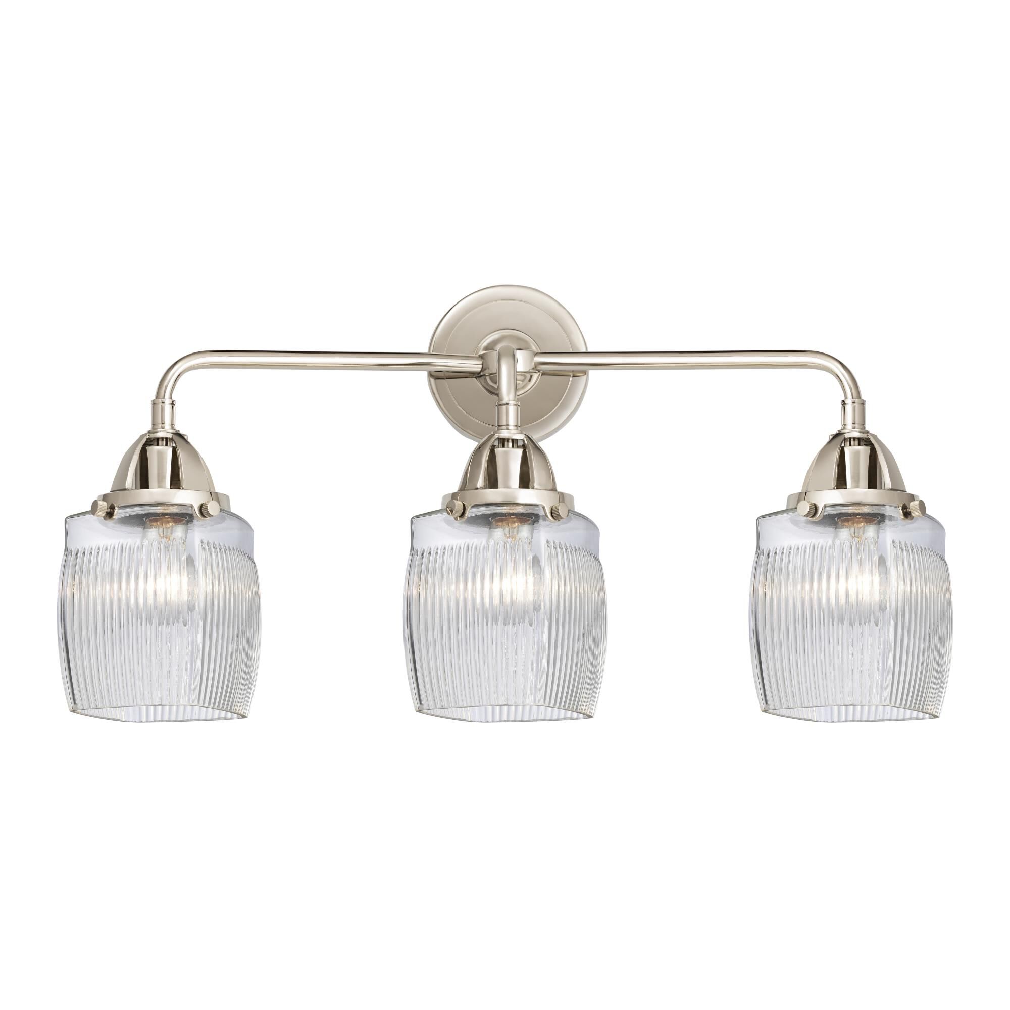 Shown in Polished Nickel finish and Thick Clear Halophane Colton glass and No Shade shade
