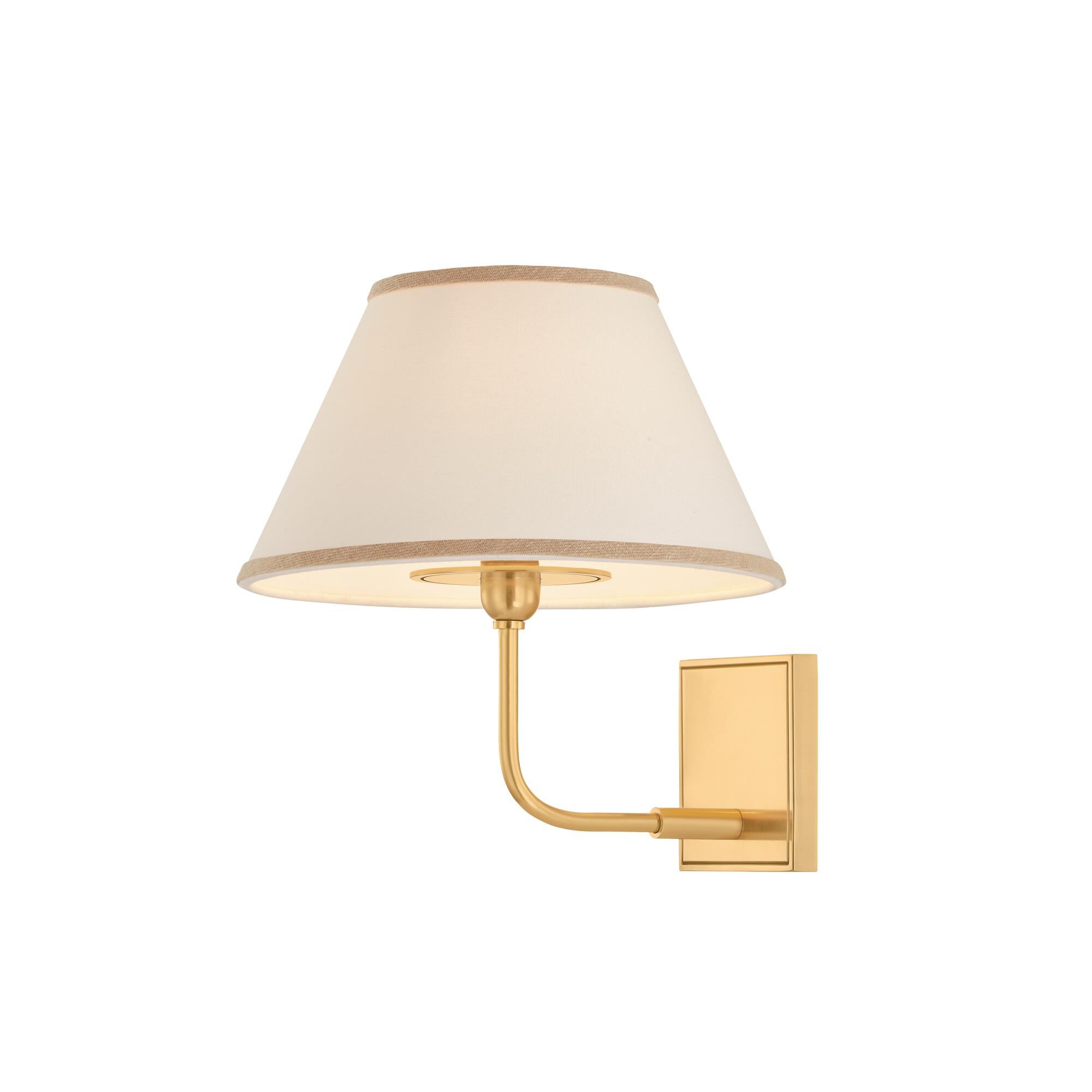 Shown in Aged Brass finish and White Linen shade