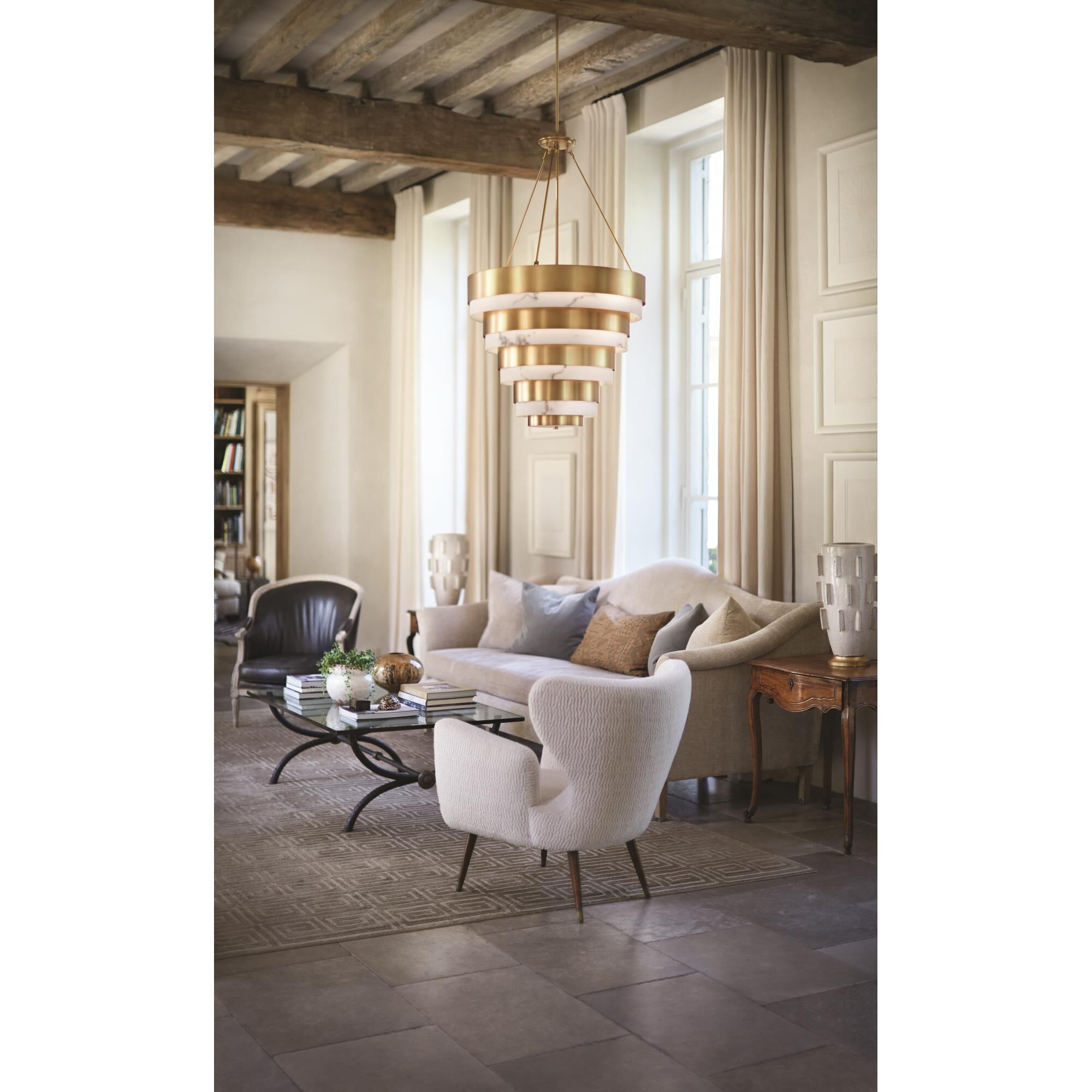 Shown in Heritage Brass finish and Faux Alabaster glass