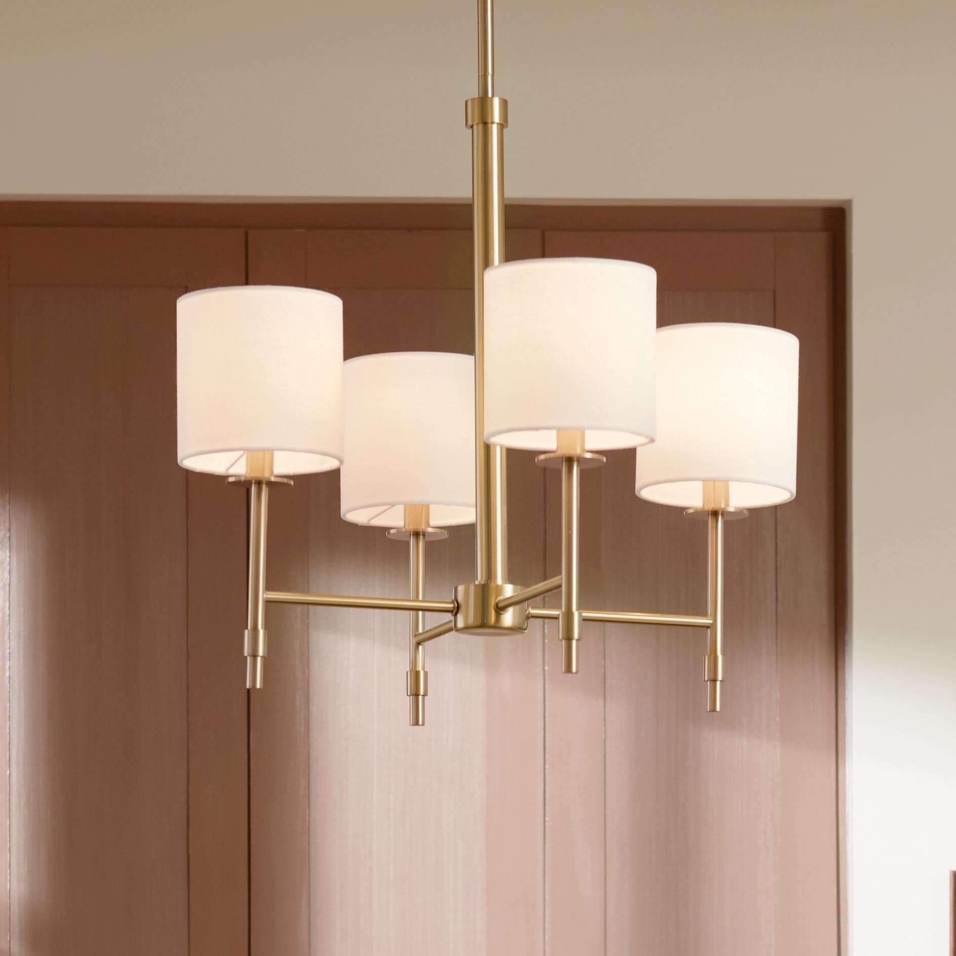 Shown in Brushed Natural Brass finish and Fabric and Drum shade