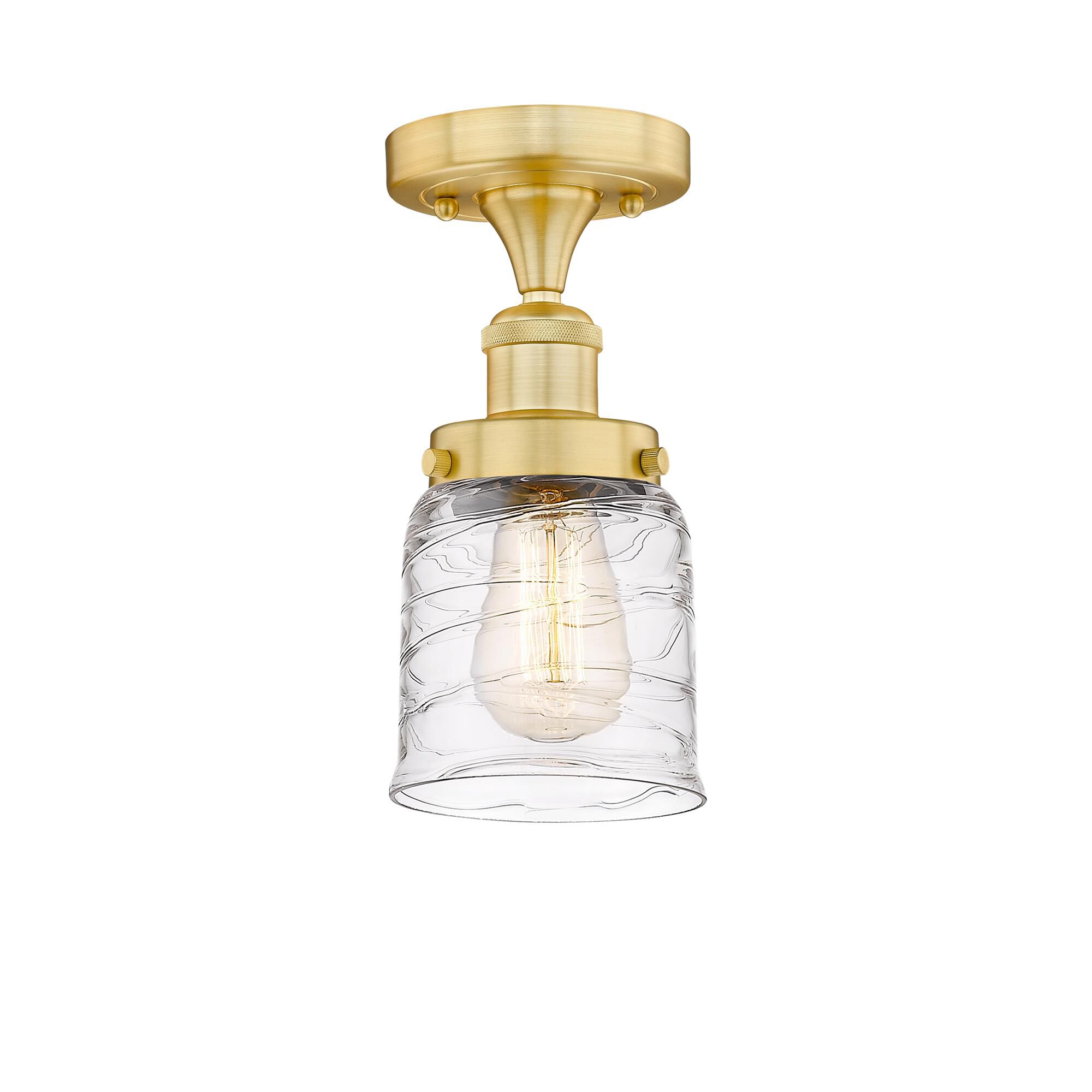 Shown in Satin Gold finish and Clear Deco Swirl glass