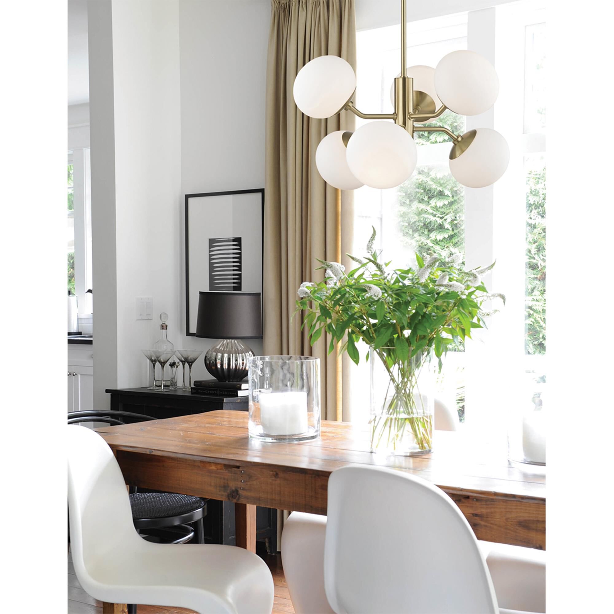 Shown in Aged Brass finish and Opal Etched glass