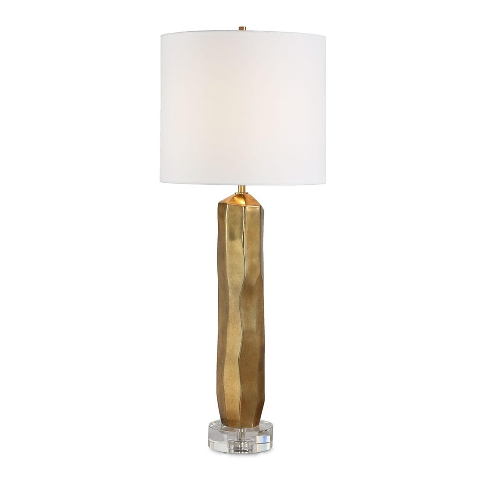 Shown in Warm Gold finish and White Linen shade