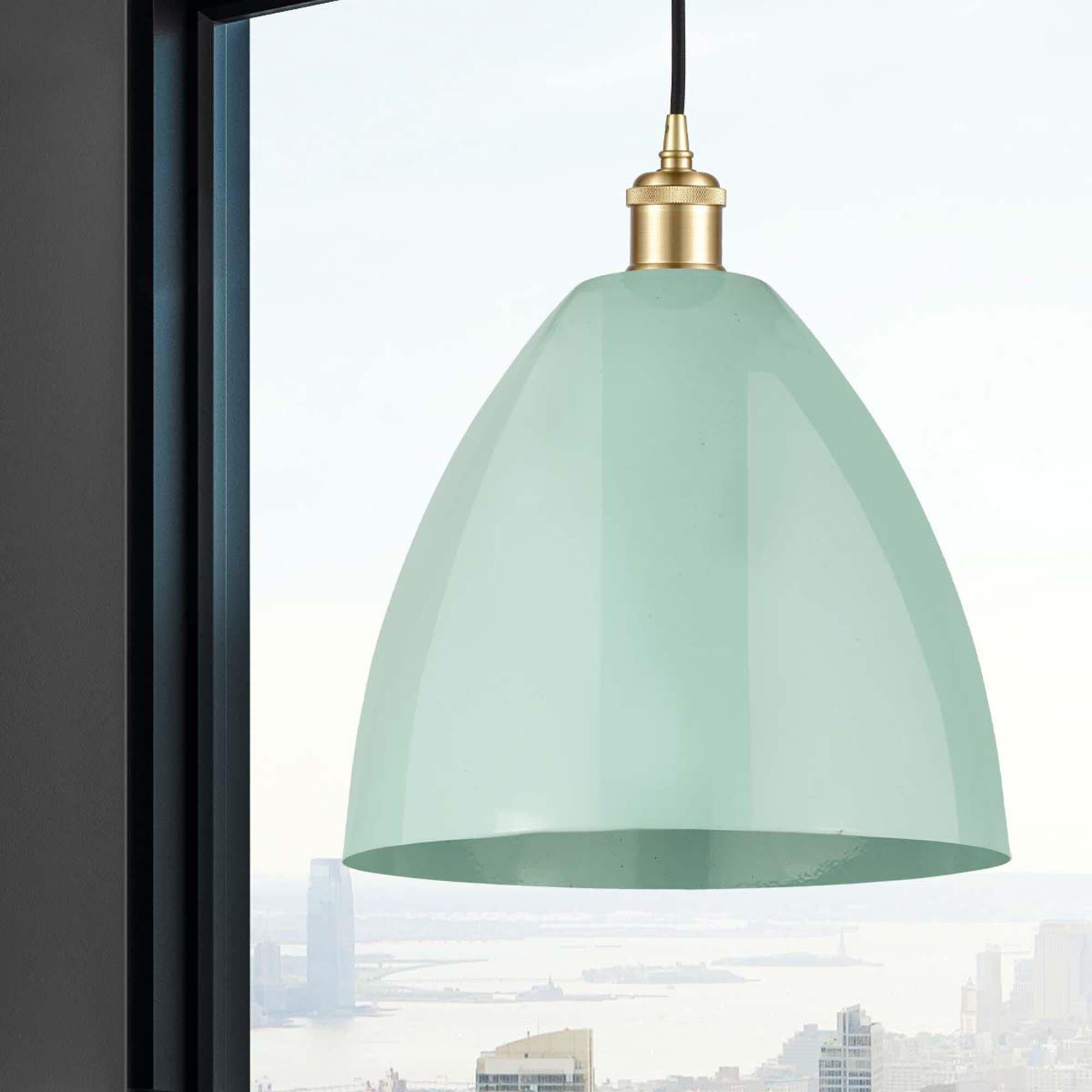 Shown in Satin Gold finish and Seafoam Plymouth Dome shade