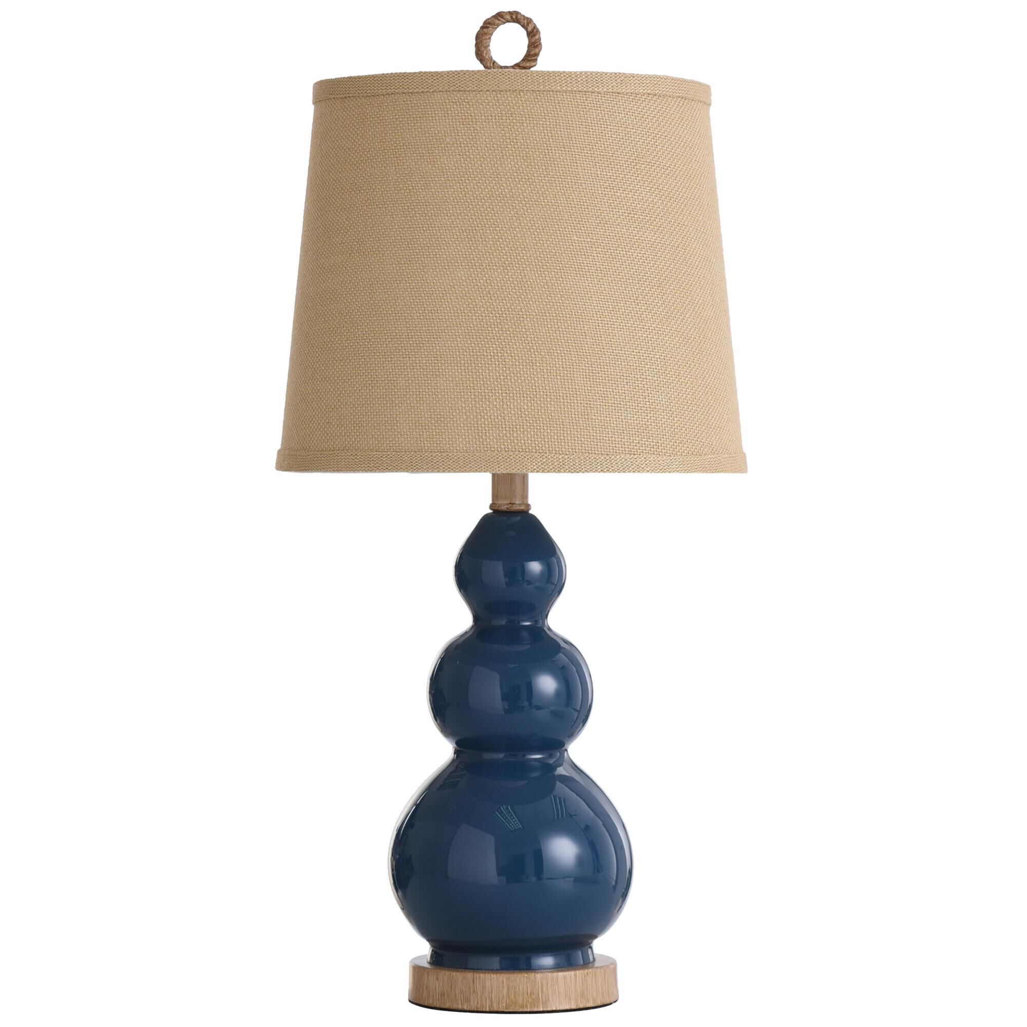 Shown in Blue, Taupe finish and Natural Trim Burlap shade
