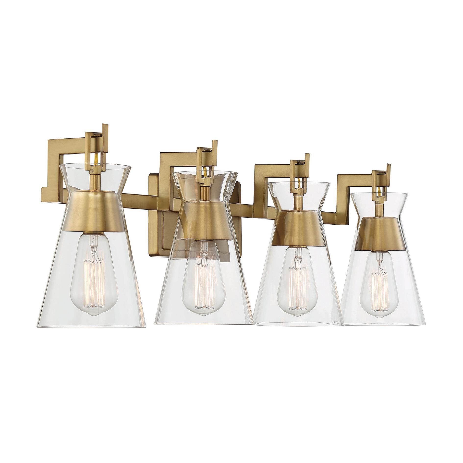 Shown in Warm Brass finish and Clear glass and Glass shade