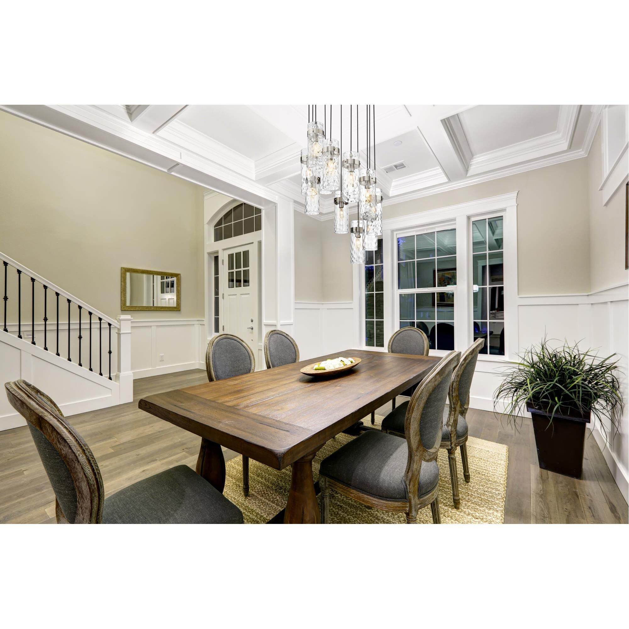 Shown in Brushed Nickel finish and Clear Water glass and Clear Water shade