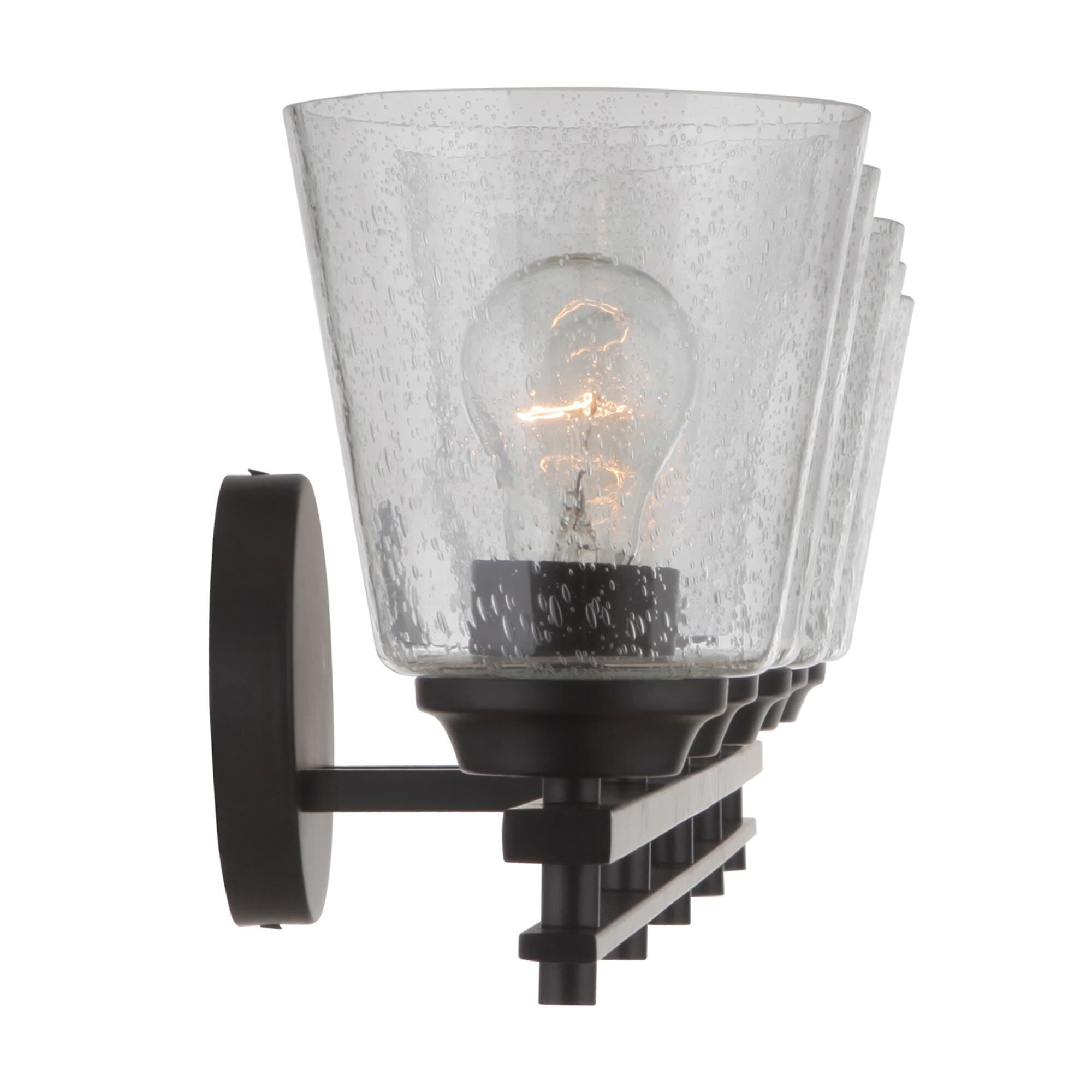 Shown in Flat Black finish and Clear Seeded glass and Glass shade