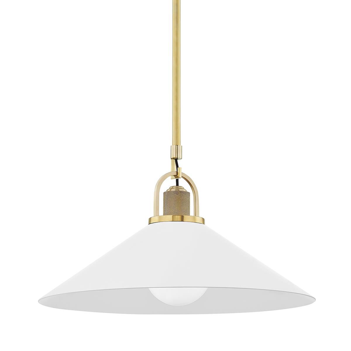 Shown in Aged Brass finish and Soft Off White Aluminum shade