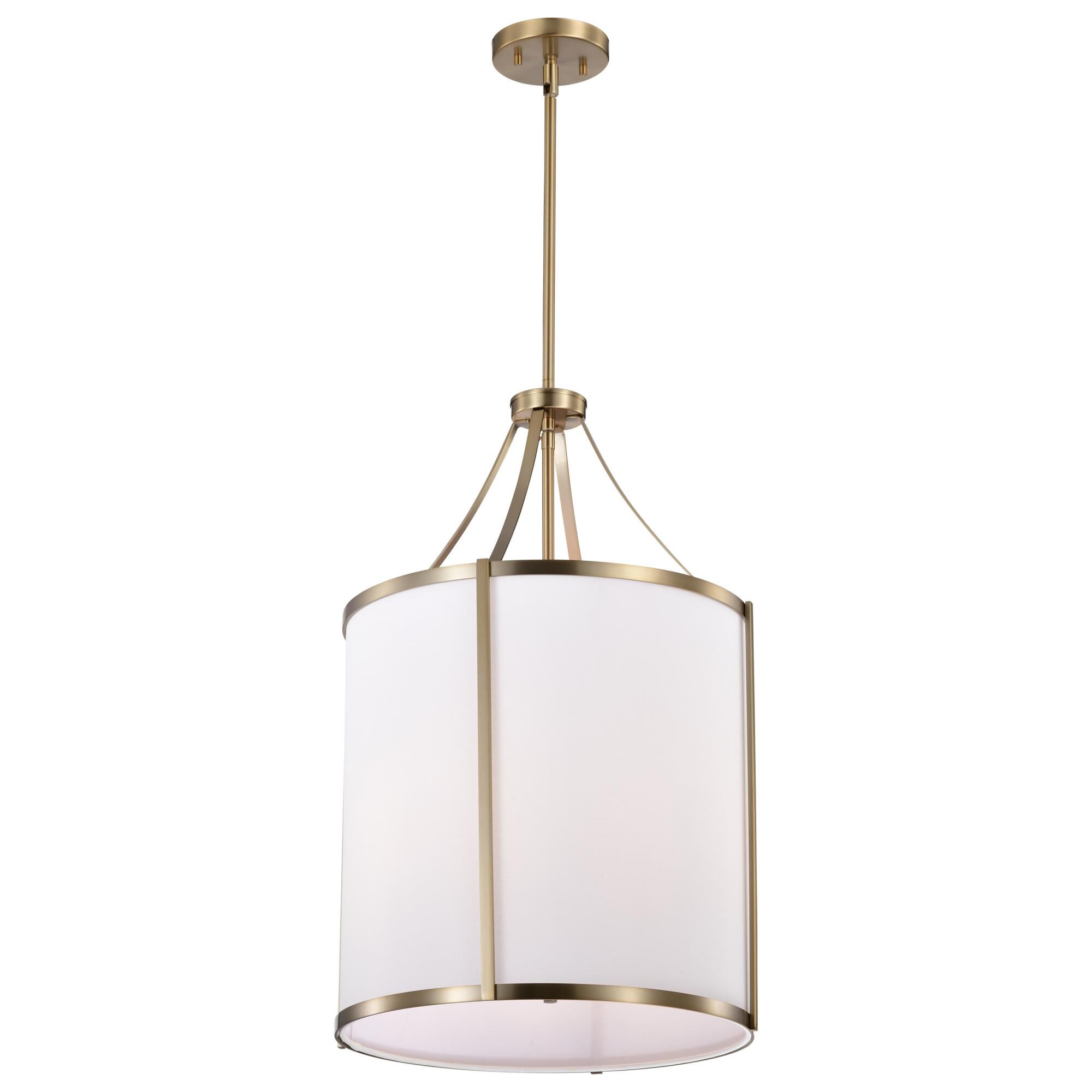 Shown in Burnished Brass finish and White Linen shade