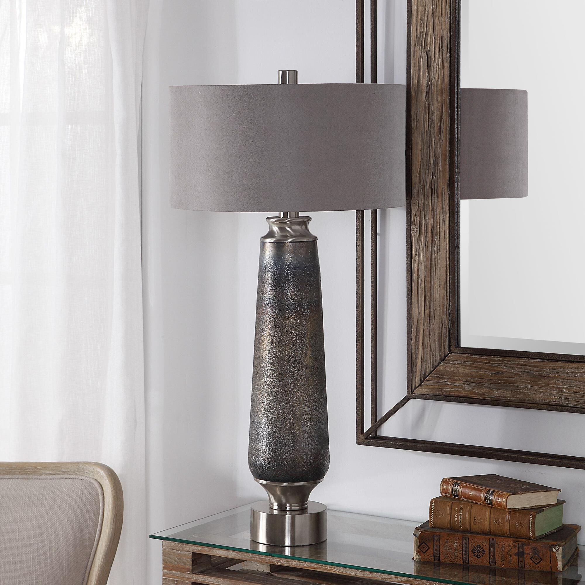 Shown in Deep Blue - Hues of Rust Copper finish and Charcoal Gray Sueded Fabric shade