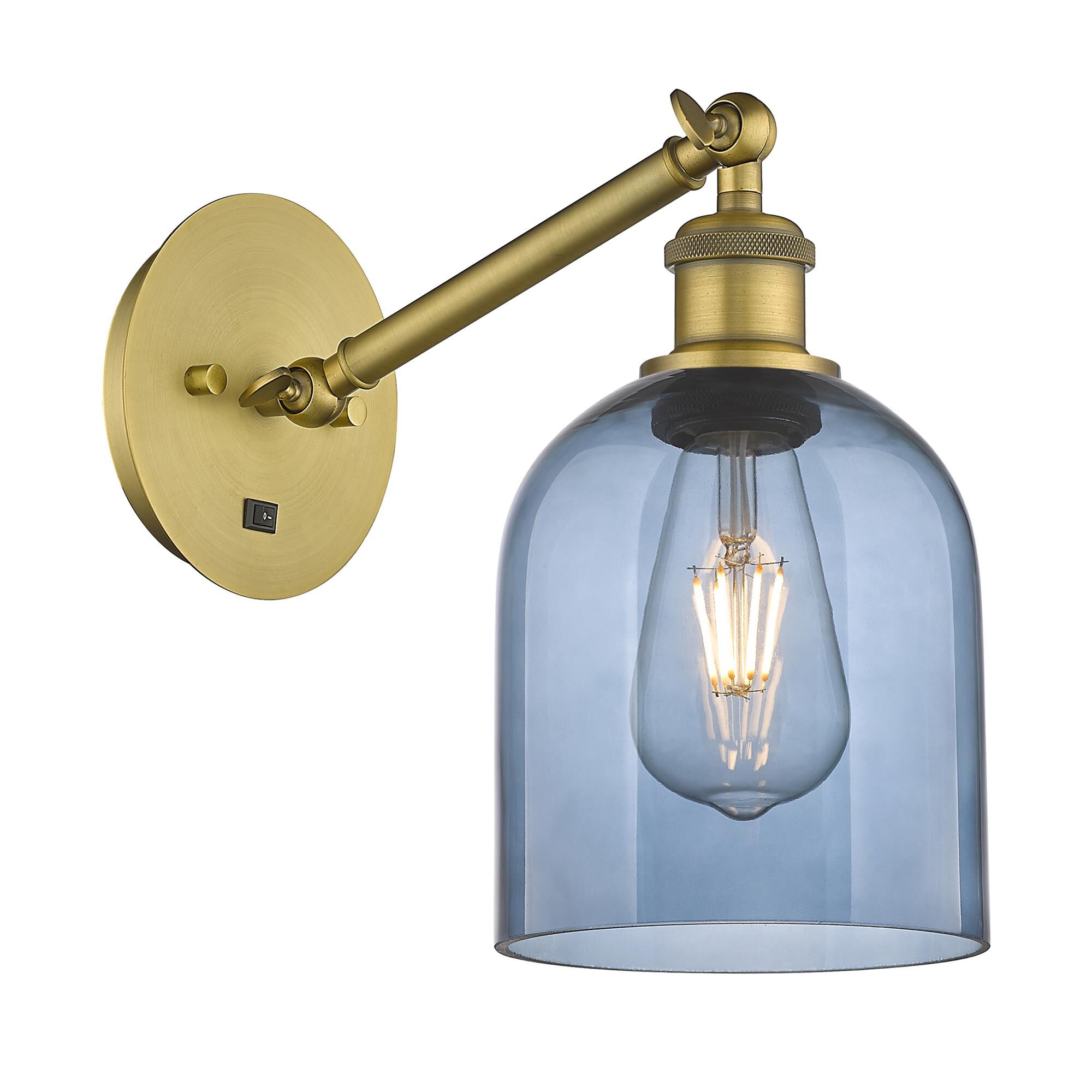 Shown in Brushed Brass finish and Princess Blue glass