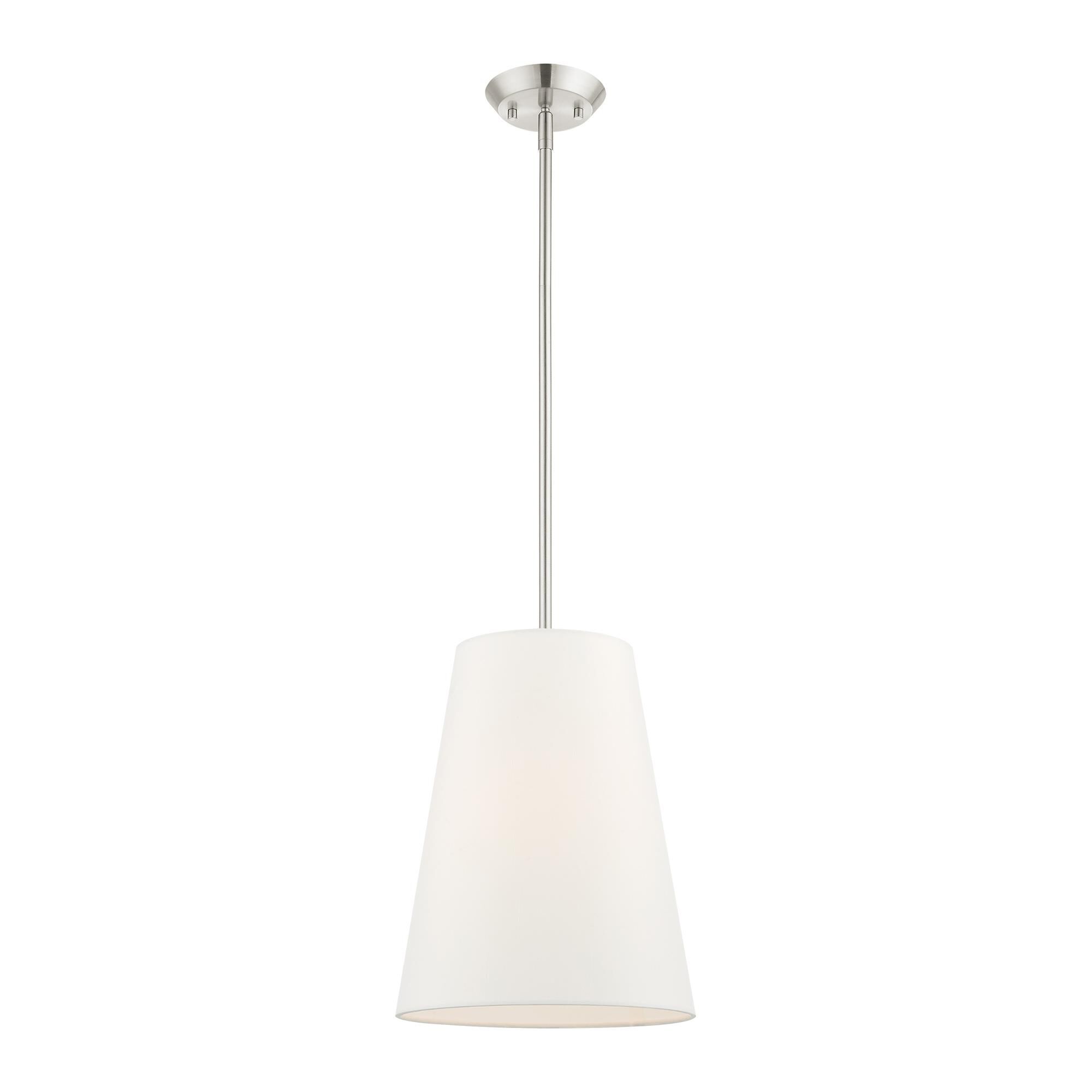 Shown in Brushed Nickel finish and Hand Crafted Off White Fabric Hardback Shade glass and Hand Crafted Off White Fabric Hardback shade