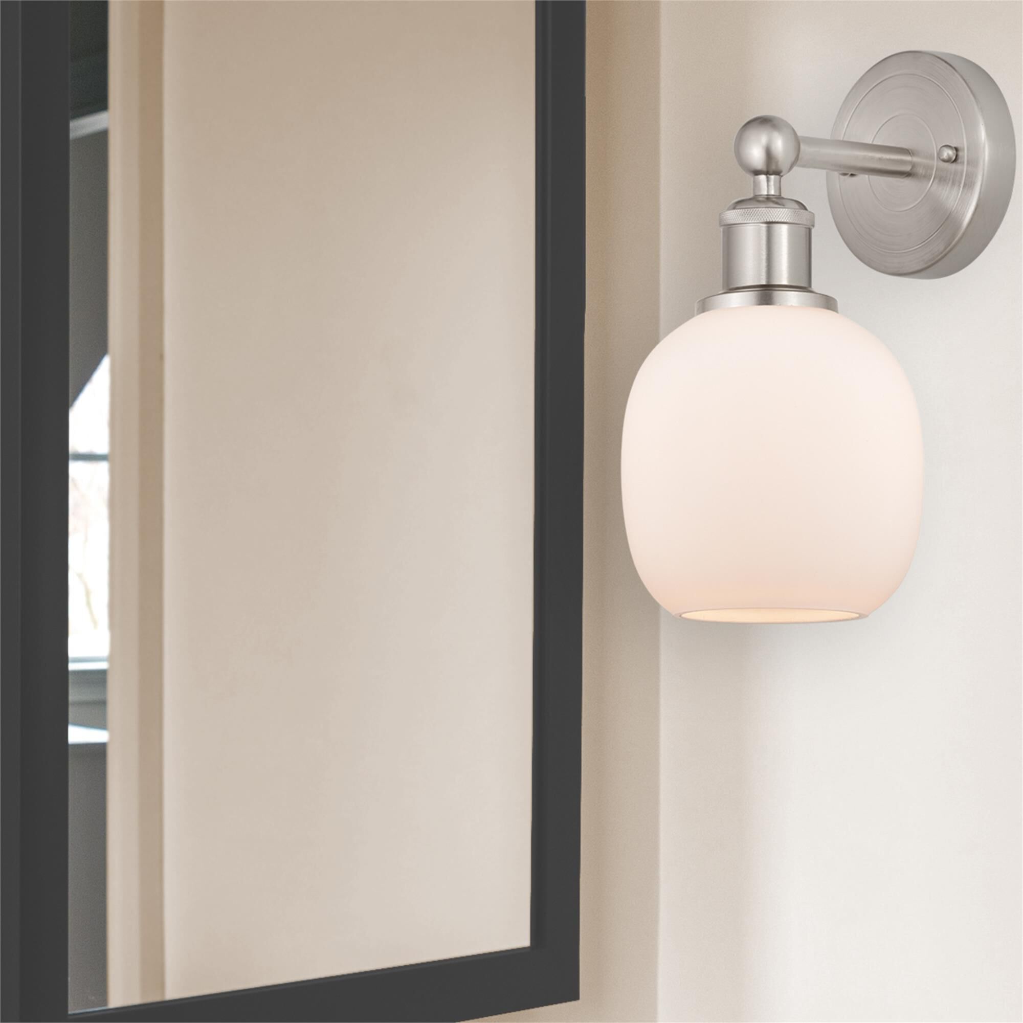 Shown in Brushed Satin Nickel  finish and Matte White glass