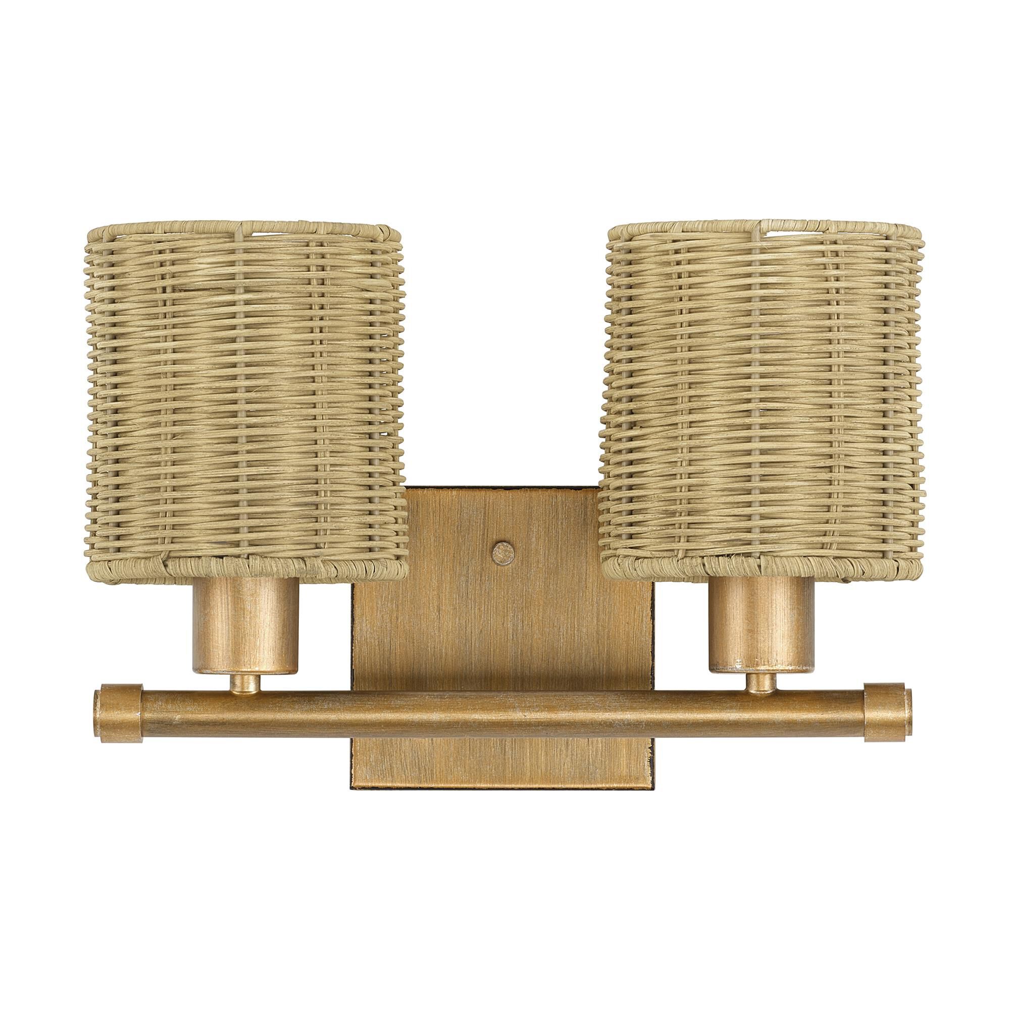 Shown in Antique Gold Leaf finish and Hand-Woven Rustic Walnut Color Rattan shade