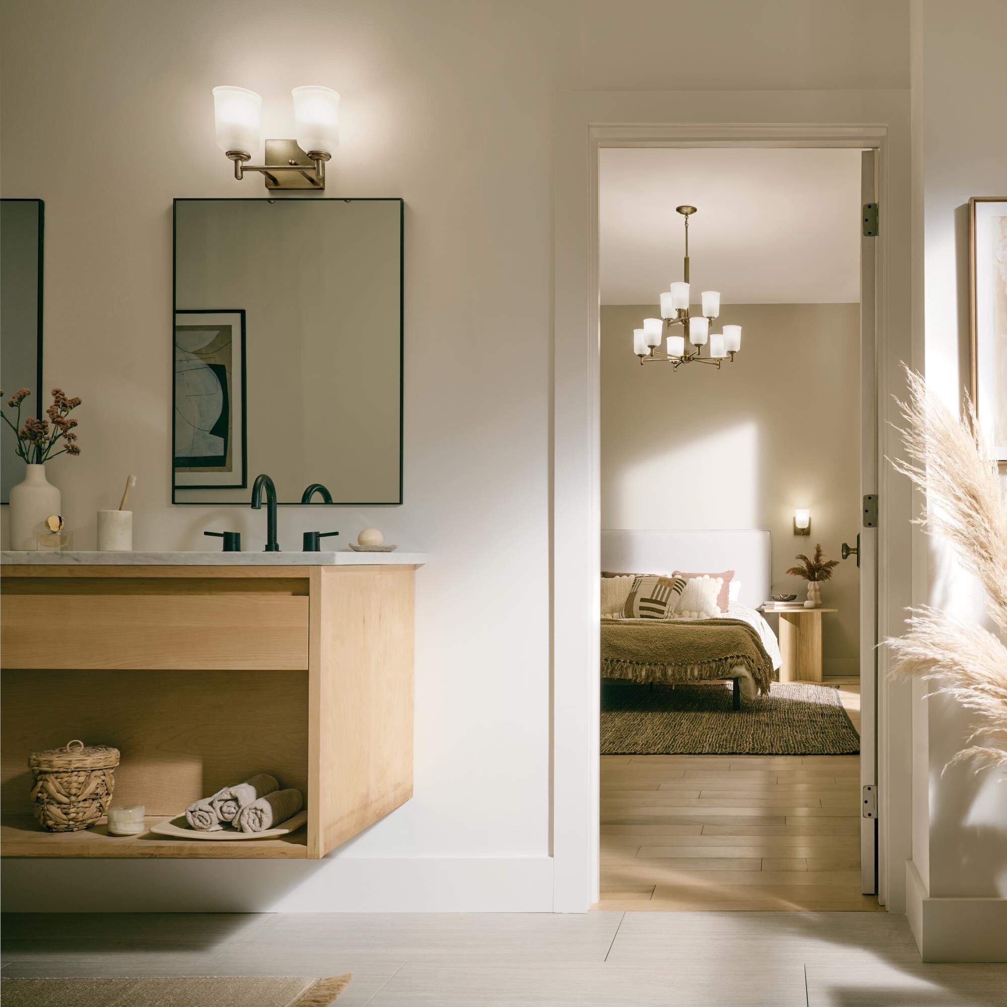 Shown in Natural Brass finish and Clear Satin Etched glass