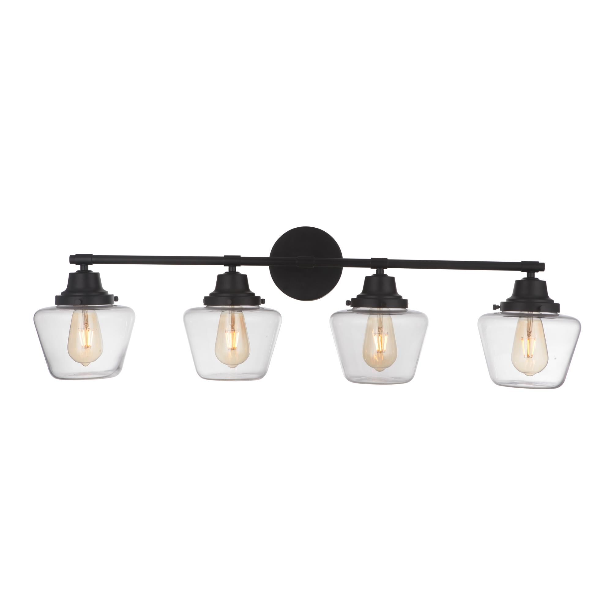 Shown in Flat Black finish and Clear glass and Glass shade