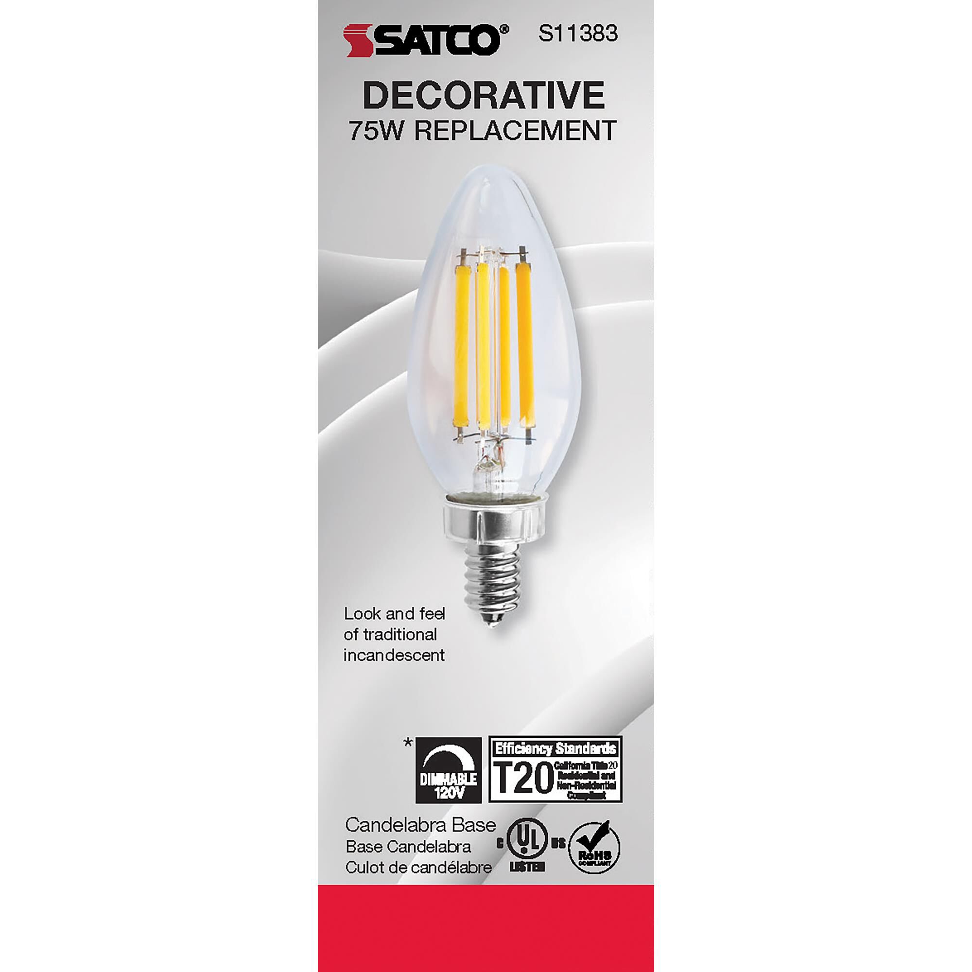 Dimmable 8 Watt 2700K C11 LED Light Bulb by Satco